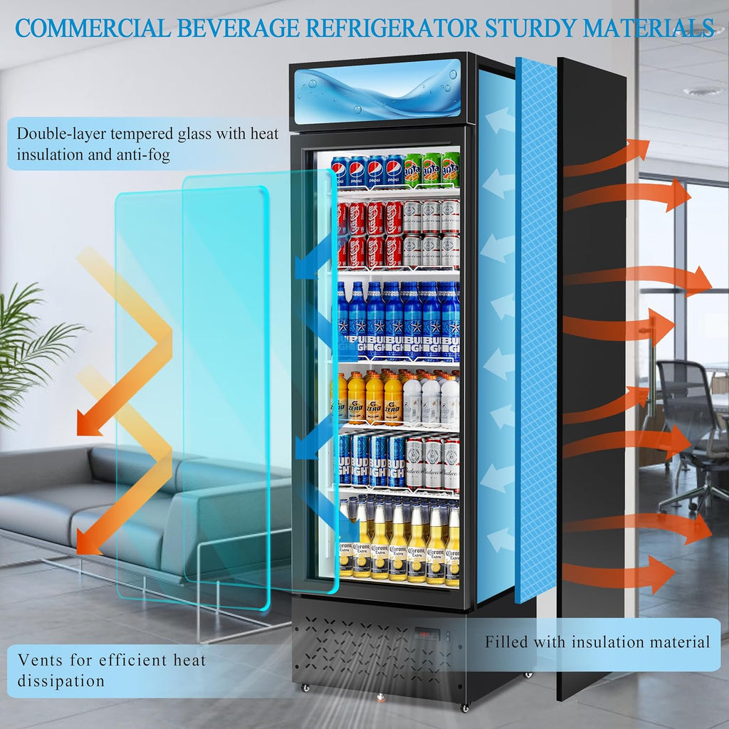 Beverage Cooler Commercial Refrigerator 10 Cu.Ft. Glass Door Display Refrigerator with LED Light, 5 Shelves, Display Commercial Beverage Refrigeratorfor Restaurant Cafe Bar Store (10 Cu.Ft.)