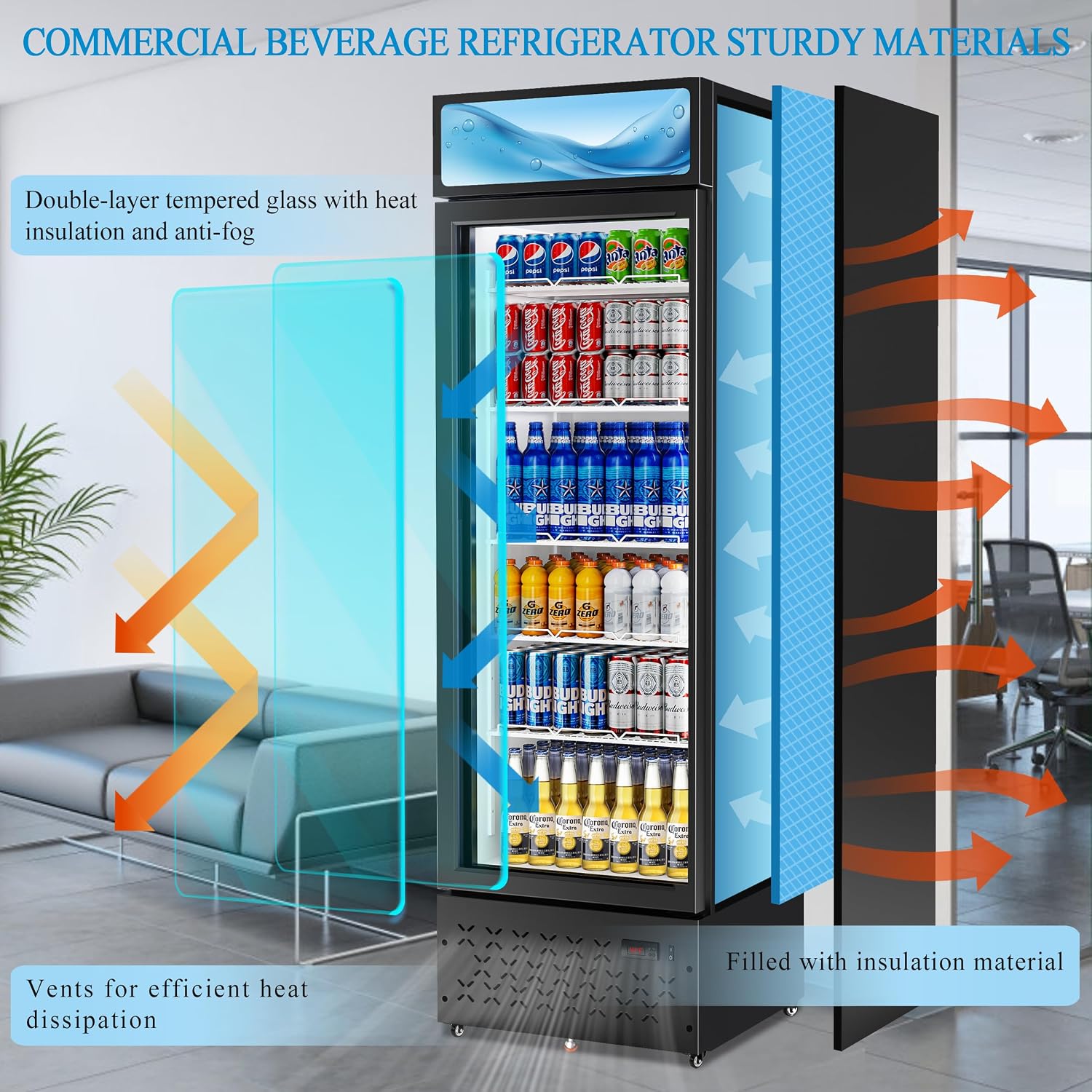 Beverage Cooler Commercial Refrigerator 10 Cu.Ft. Glass Door Display Refrigerator with LED Light, 5 Shelves, Display Commercial Beverage Refrigeratorfor Restaurant Cafe Bar Store (10 Cu.Ft.)