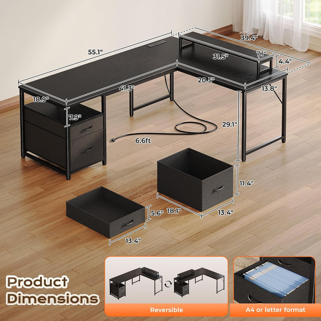 PRAISUN 55 Inch L Shaped Desk with Power Outlets and USB-C Port, Computer Corner Home Office Desk with File Fabric Drawers and Movable Monitor Stand, Larger Storage for Gaming, Work, Black