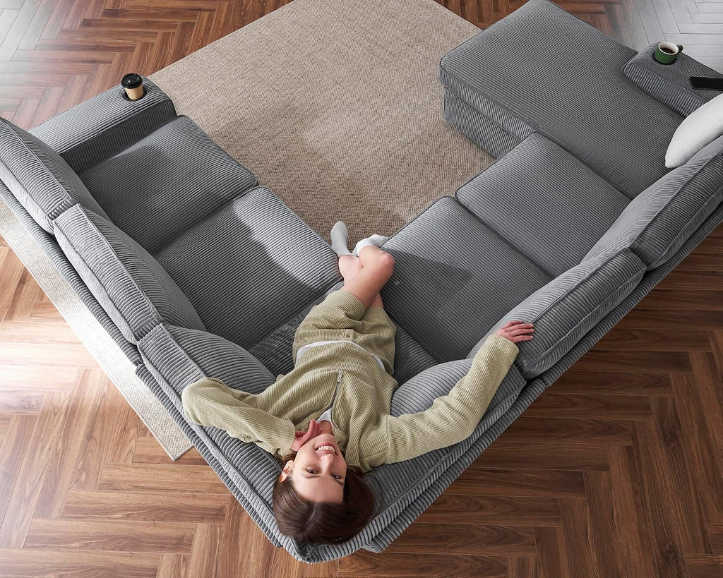 AMERLIFE 112 Inch U Shaped Couch, Oversized Couch with Storage Chaise & Cup Holders, Sectional Sofa with USB & Type-C Charging Ports, Corduroy Grey