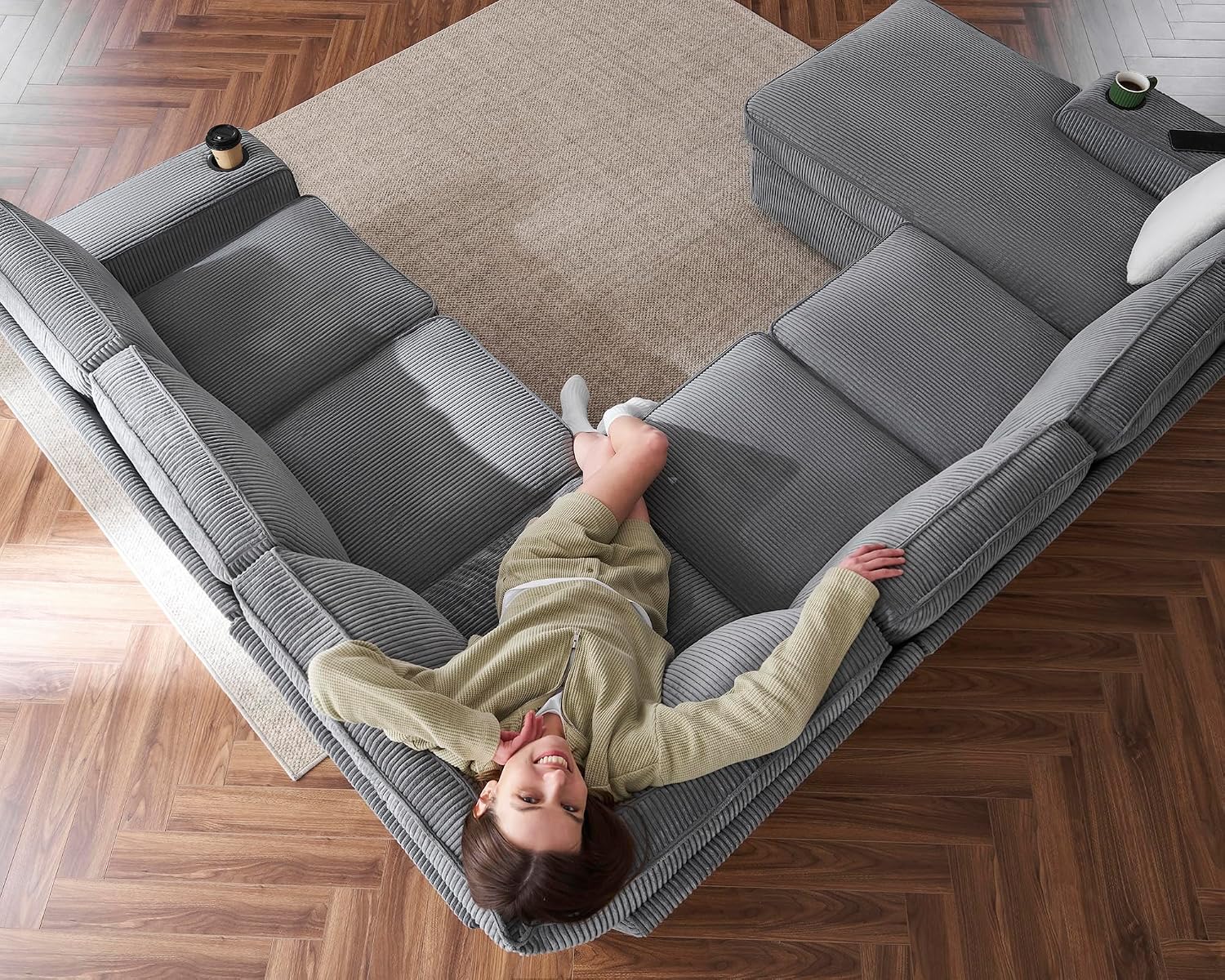AMERLIFE 112 Inch U Shaped Couch, Oversized Couch with Storage Chaise & Cup Holders, Sectional Sofa with USB & Type-C Charging Ports, Corduroy Grey
