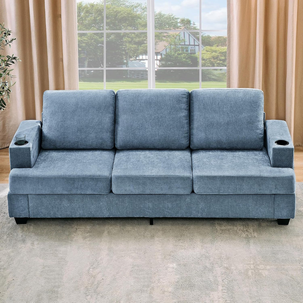 GarveeHome Modern 89 in 3-Seater Sofa for Living Room, Comfy Couches with Deep Seat, Chenille Couch with Cup Holders and Side Storage Pockets for Apartment Lounge, Blue