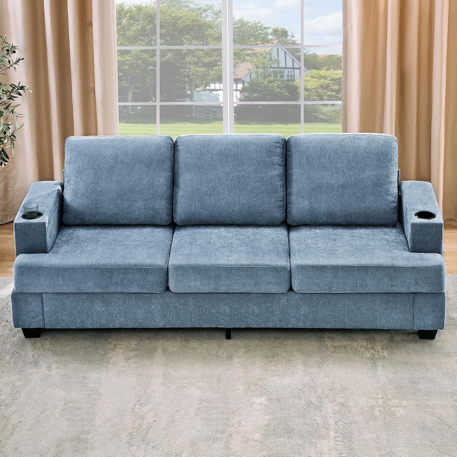 GarveeHome Modern 89 in 3-Seater Sofa for Living Room, Comfy Couches with Deep Seat, Chenille Couch with Cup Holders and Side Storage Pockets for Apartment Lounge, Blue