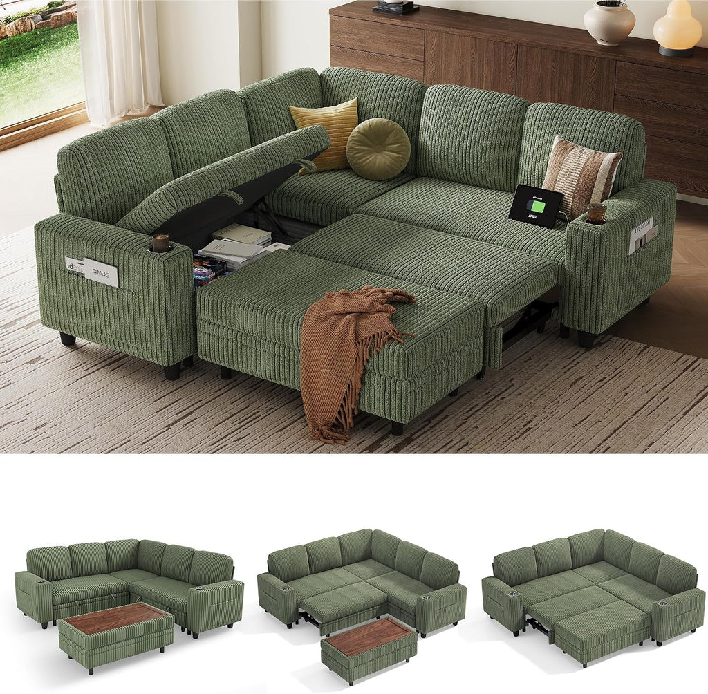 LINSY HOME Sectional Sleeper Sofa with Pull Out Couch Bed for Living Room (Green) | Plush Corduroy, Storage Ottoman, Storage Chaise, Pull Out Couch, USB Charging