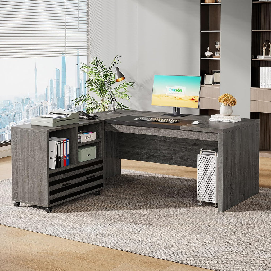 Tribesigns 62.2' Executive Desk with Mobile File Cabinet, L-Shaped Office Desk with Storage Shelves, Large Computer Table Business Workstation Set for Home Office, Grey