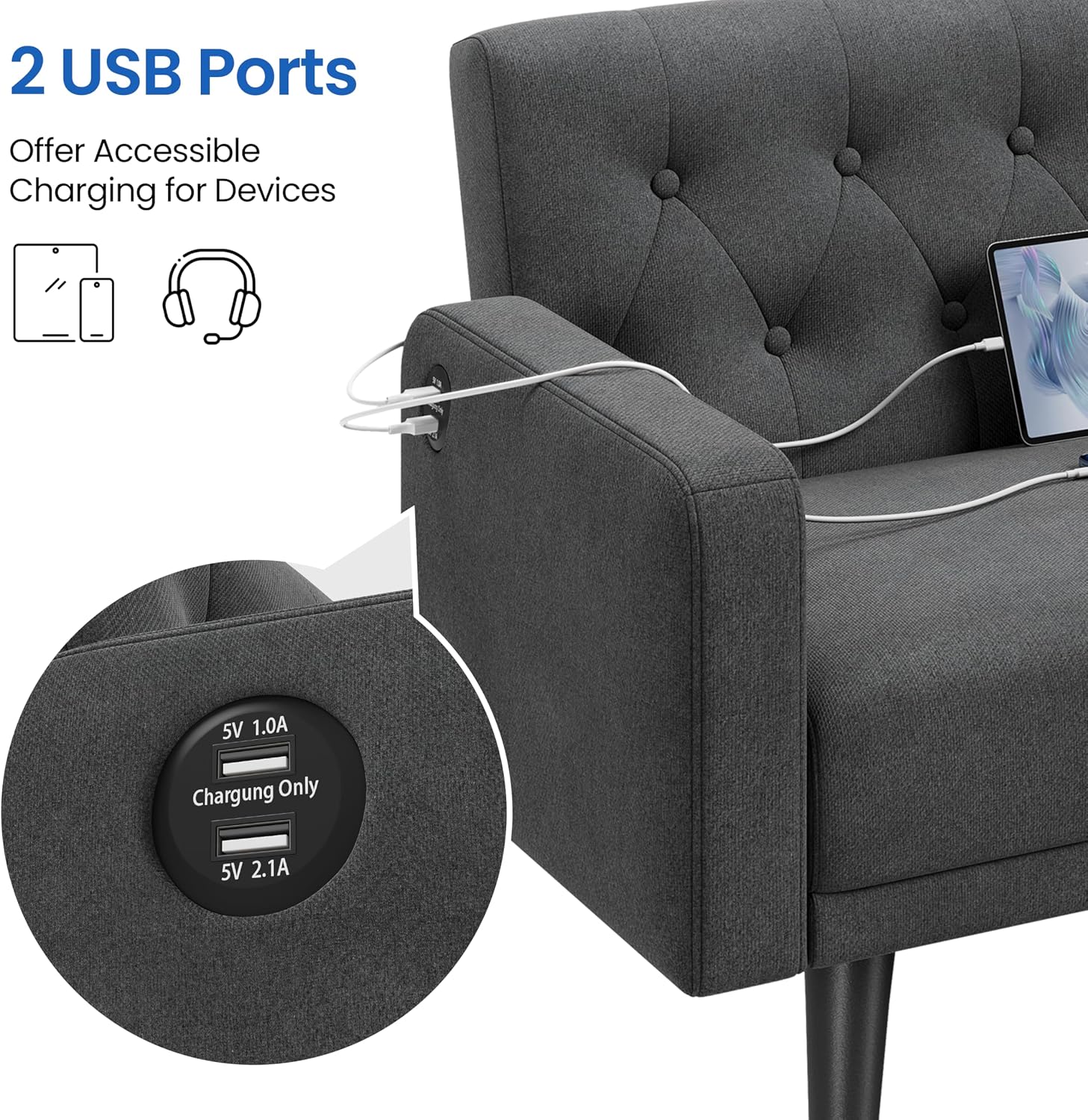 Yaheetech 63' Convertible Couch Small Futon Sofa Bed with 2 USB Ports, Reclining Backrest & Removable Armrests, Mid Century Modern Loveseat for Living Room, Apartment, Office, Dark Gray