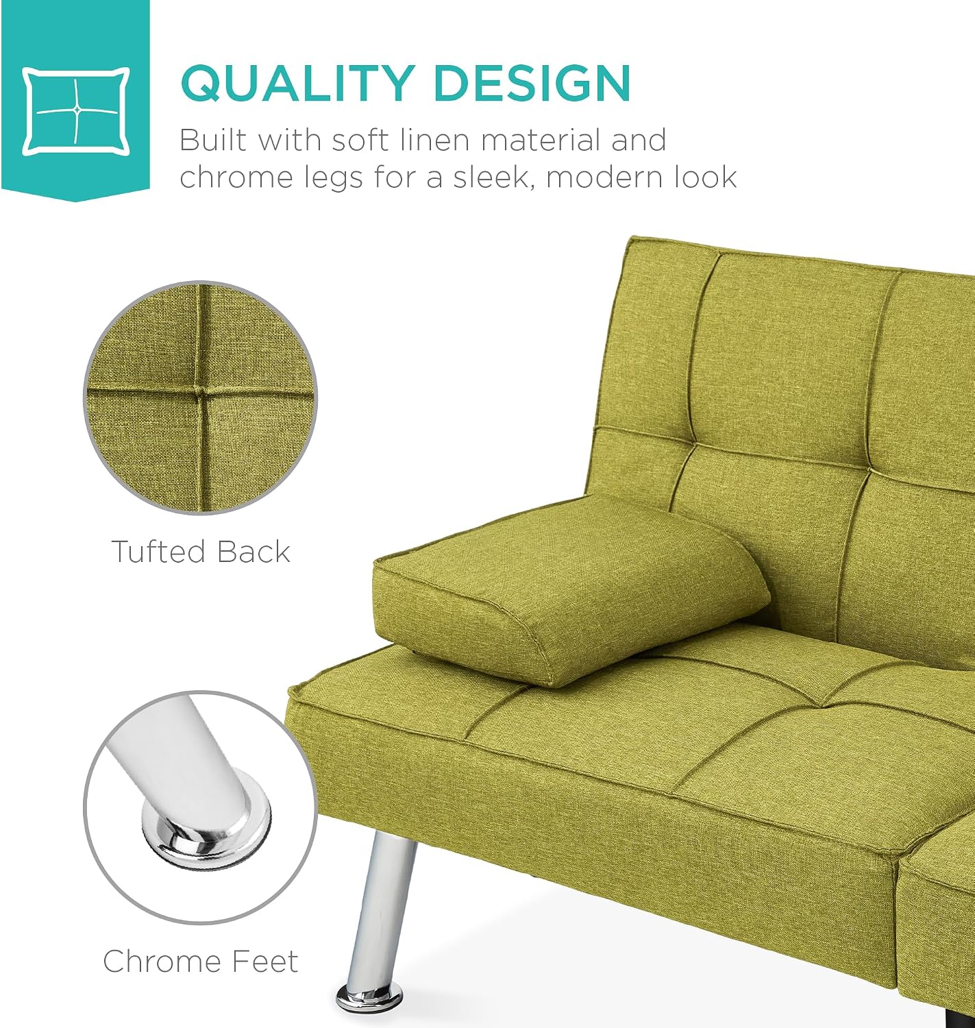 Best Choice Products Linen Modern Folding Futon, Reclining Sofa Bed for Apartment, Dorm w/Removable Armrests, 2 Cupholders - Chartreuse