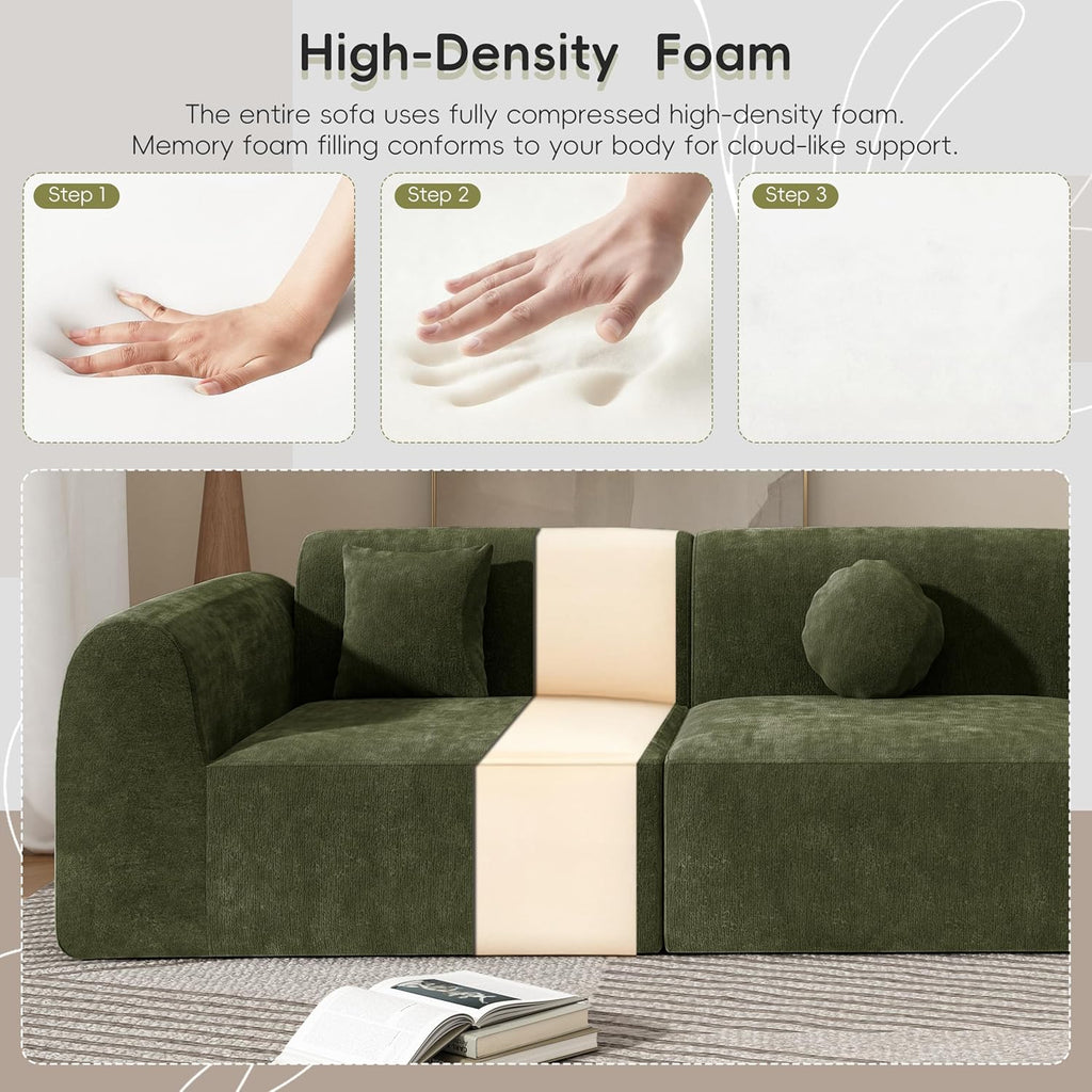 Merax 3-Piece 140' Sectional Modular Sofa Set, 4 Seat Curved Modern Cloud Couch with Chaise Lounge, 3 Pillows, Fully Assembled High-Density Compressed Sponge for Living Room, Green