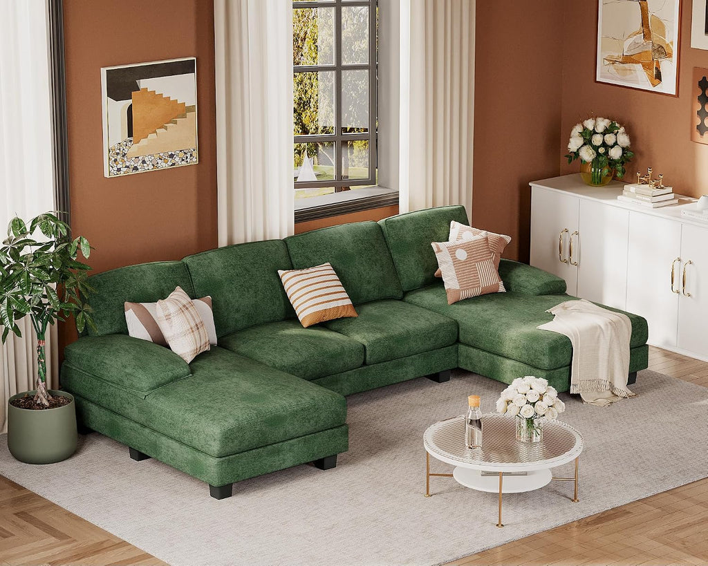 JUMMICO Sectional Couches for Living Room, U Shaped Couch with Chenille Fabric, 4 Seat Modern Sofa with Removable Pillows for Apartment and Small Space (Fabric, Green)