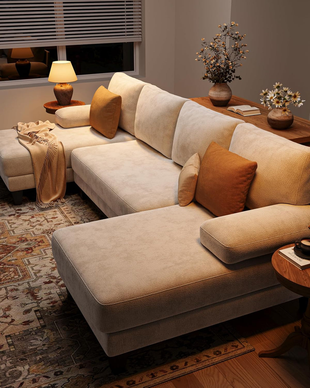 U-Shaped Sectional Couches for Living Room | Chenille Sofa with Double Chaise |112 Inch Beige Sectionals Couch for Apartment