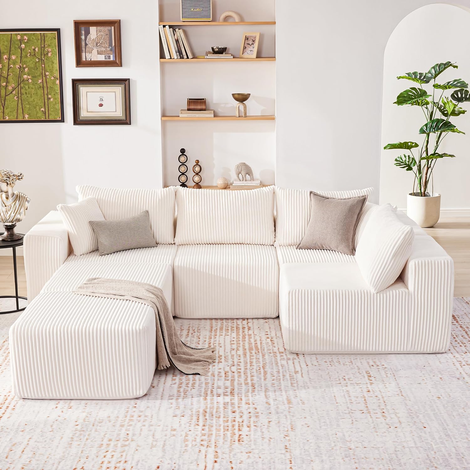 Weture 135.4' Cloud Couch Sectional, Modular Sectional Sofa with Deep Seat, Plush Corduroy U Shaped Boneless Couch, Convertible Sectional Couches for Living Room, 6Seat, Beige
