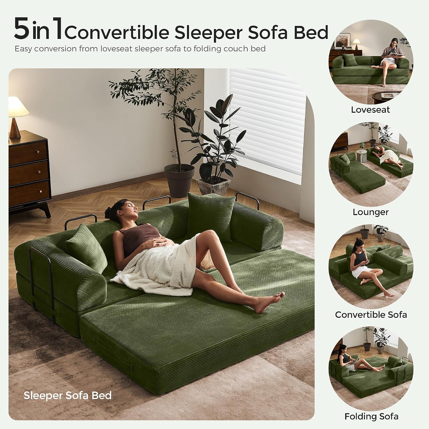 79' Convertible Sofa Bed with Fixed-Shape Frame & Removable Armrests, Modular Corduroy Sleeper Sofa, Folding Mattress Couch for Small Spaces - No Assembly Needed in Green (Includes 2 Pillows)