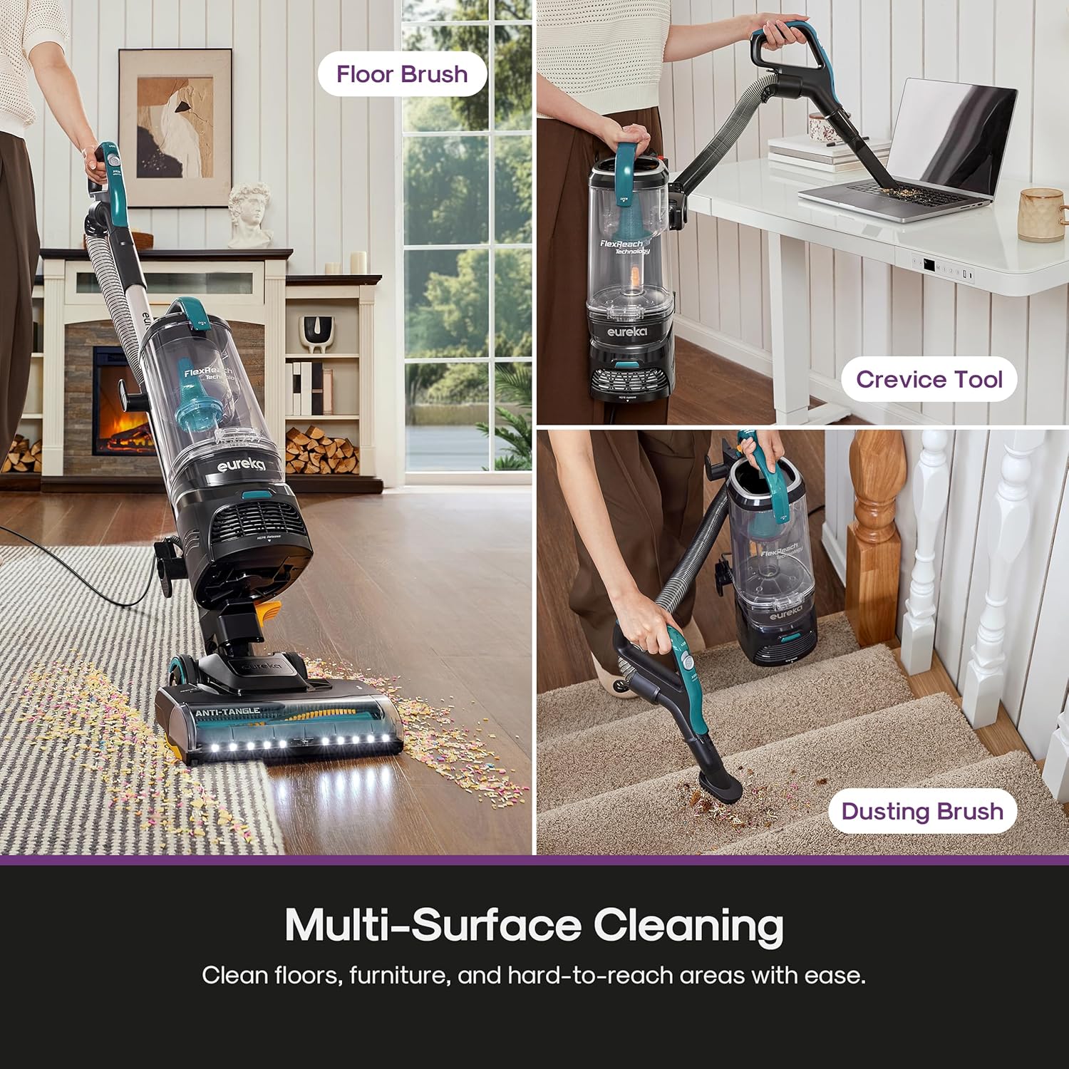 Eureka FlexReach Plus Bagless Upright Vacuum Cleaner for Home,Pet Vacuum for Carpet and Hard Floor, Lift-Up Vacuum with Flooring Type Sensor, HEPA Filter,Anti-Tangle, NEU652, Green