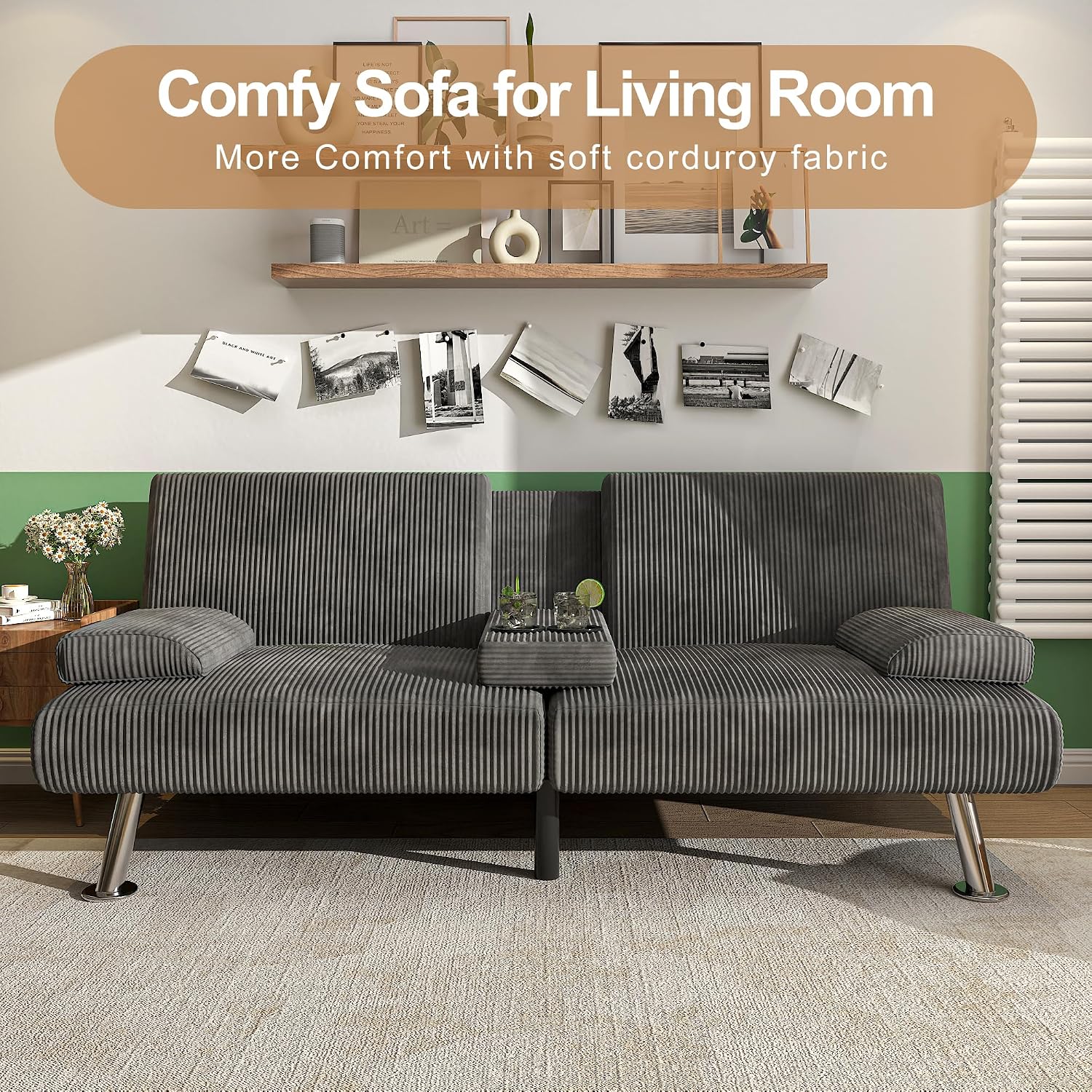 Shahoo Modern Upholstered Convertible Folding Futon Sofa Bed with Removable Armrests, Metal Legs, 2 Cup Holders for Living Room, Grey