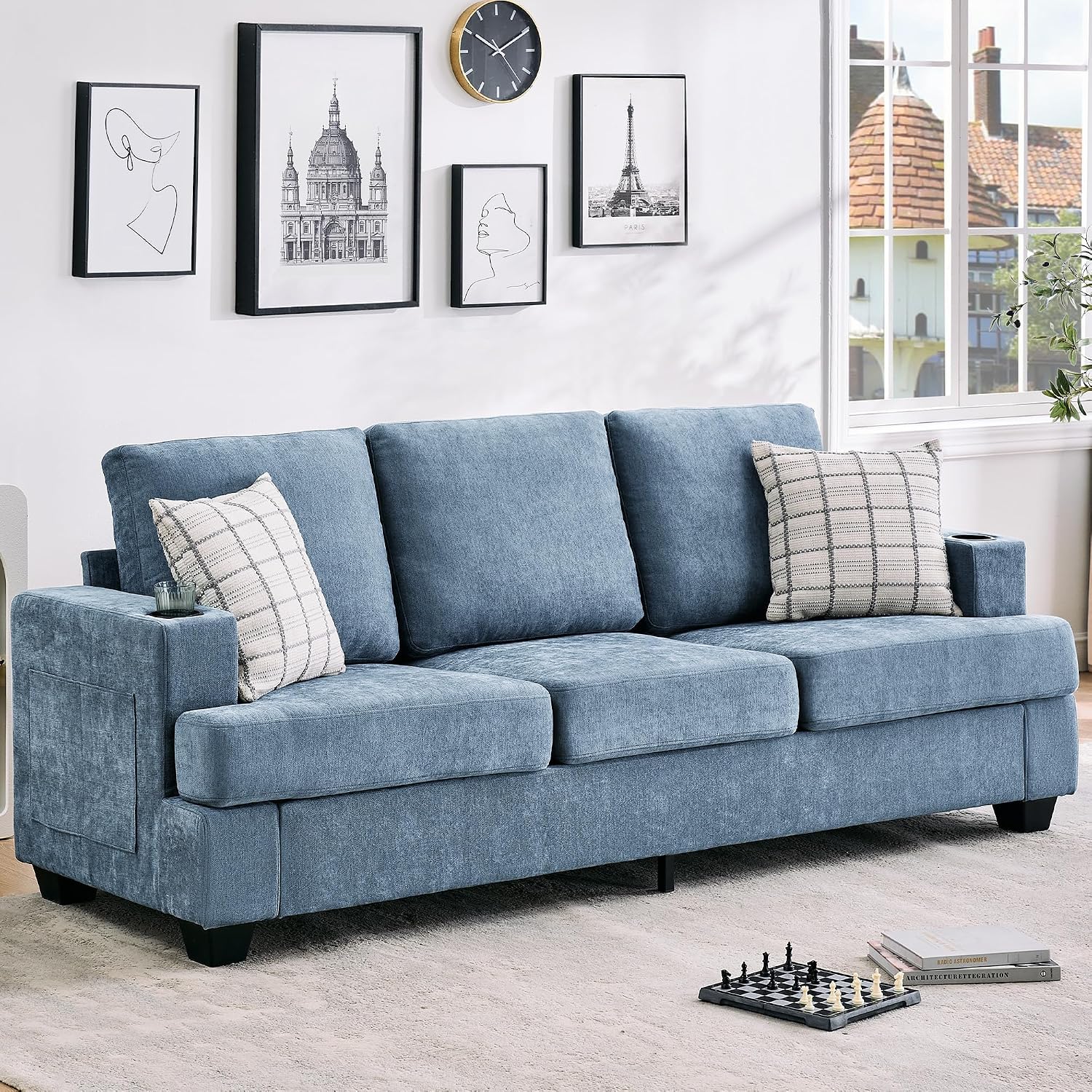 GarveeHome Modern 89 in 3-Seater Sofa for Living Room, Comfy Couches with Deep Seat, Chenille Couch with Cup Holders and Side Storage Pockets for Apartment Lounge, Blue