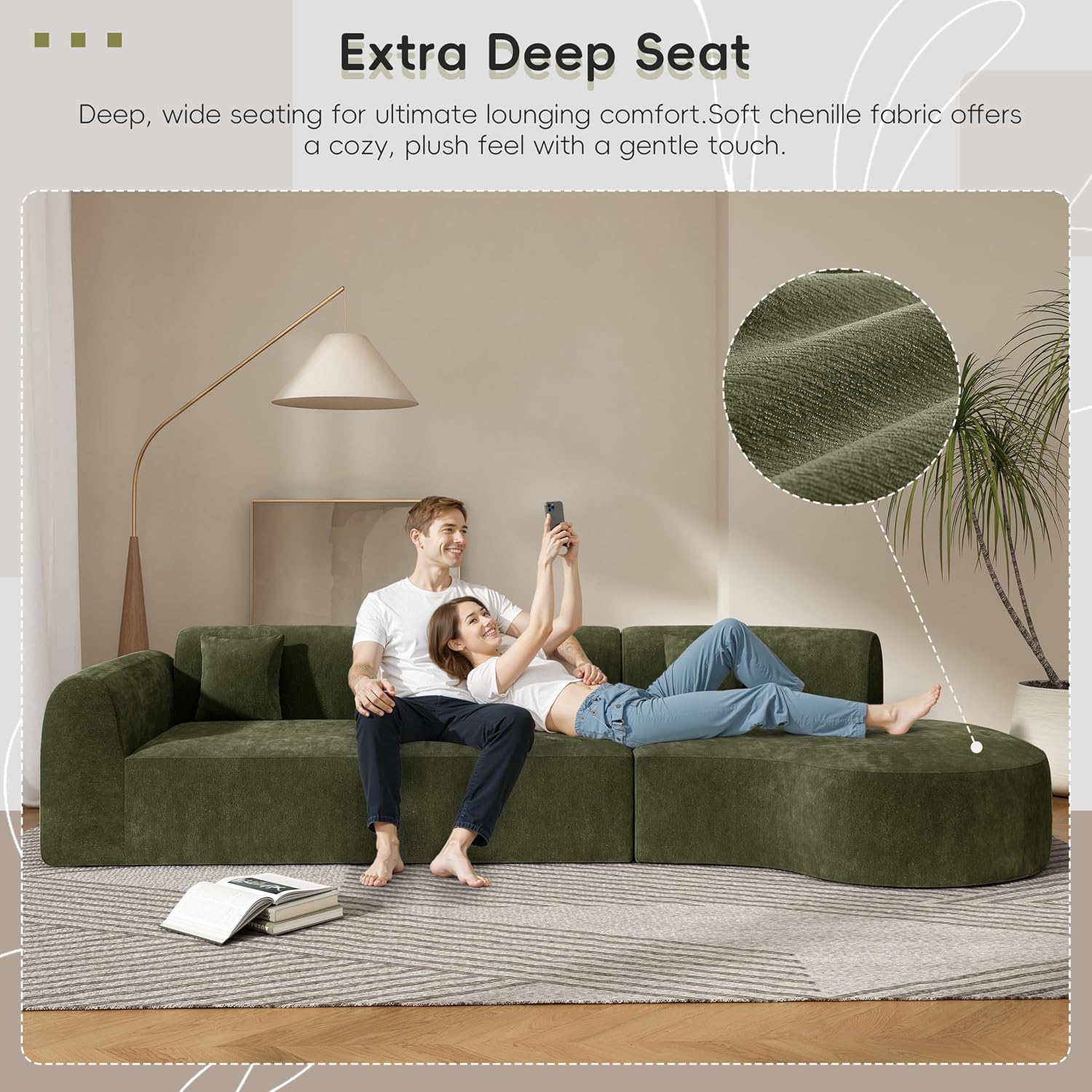 Merax 3-Piece 140' Sectional Modular Sofa Set, 4 Seat Curved Modern Cloud Couch with Chaise Lounge, 3 Pillows, Fully Assembled High-Density Compressed Sponge for Living Room, Green