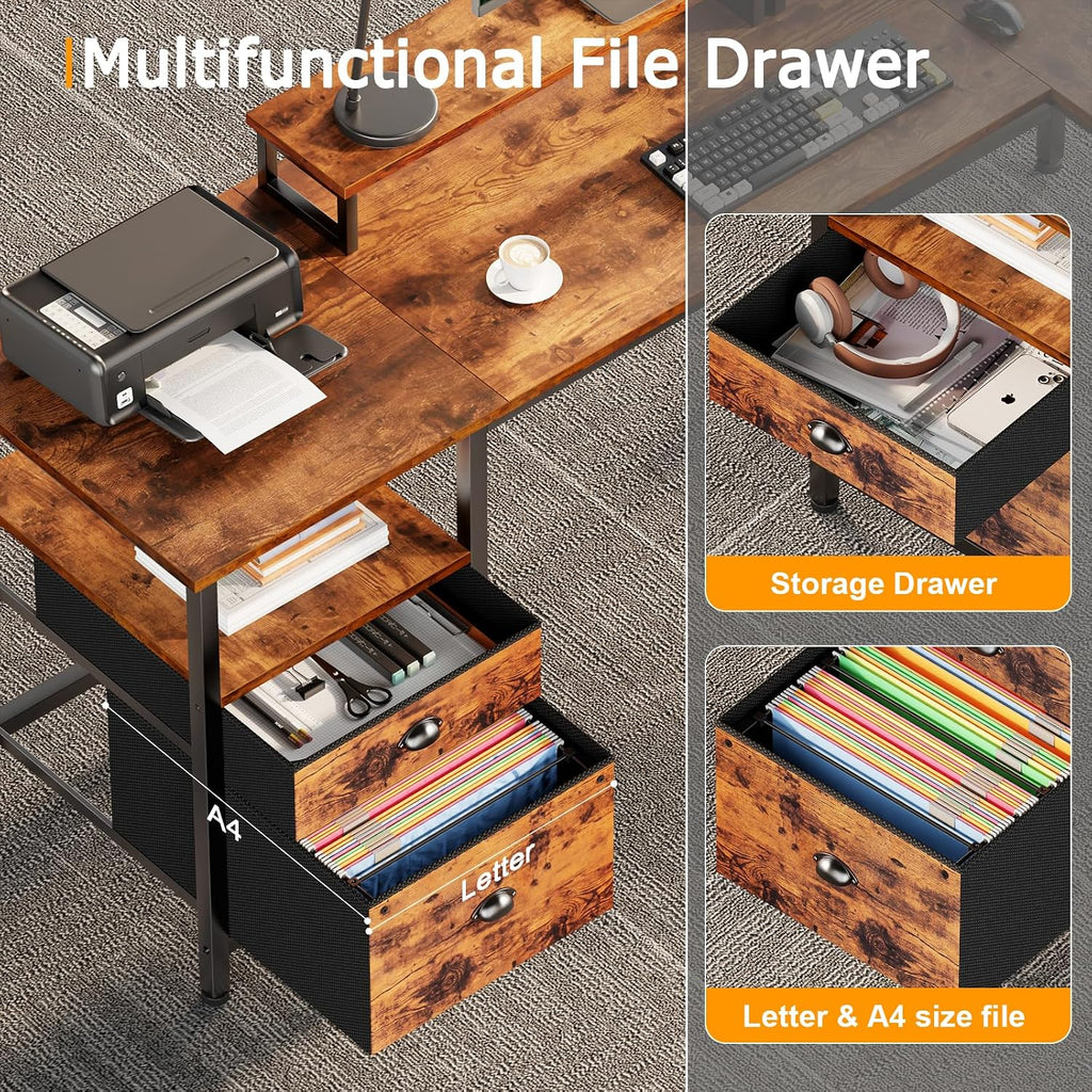 Furologee 66' L Shaped Desk with Power Outlet, Reversible Home Office Desk with File Drawer, 2 Monitor Stands, Storage Shelves, Corner Computer Table for Gaming, Writing, Rustic Brown