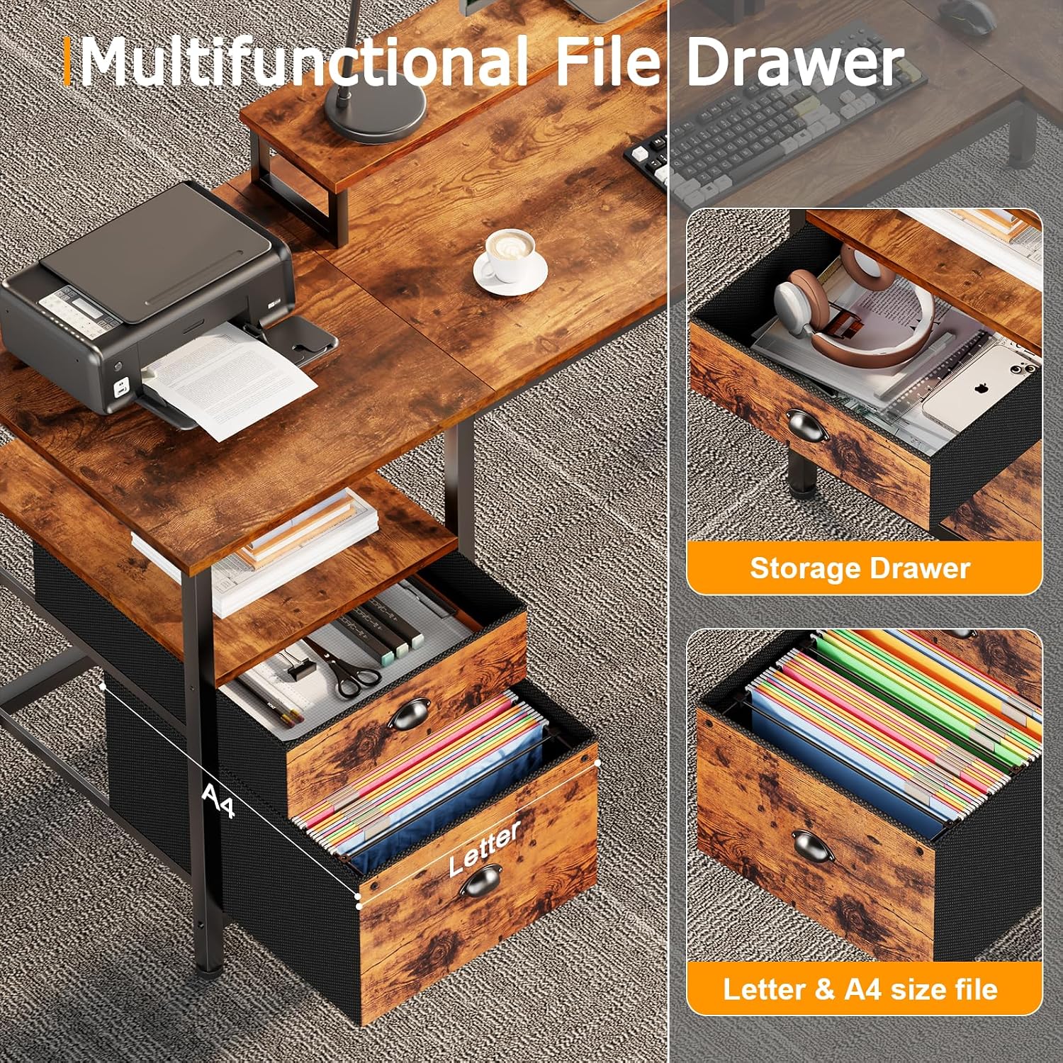 Furologee 66' L Shaped Desk with Power Outlet, Reversible Home Office Desk with File Drawer, 2 Monitor Stands, Storage Shelves, Corner Computer Table for Gaming, Writing, Rustic Brown