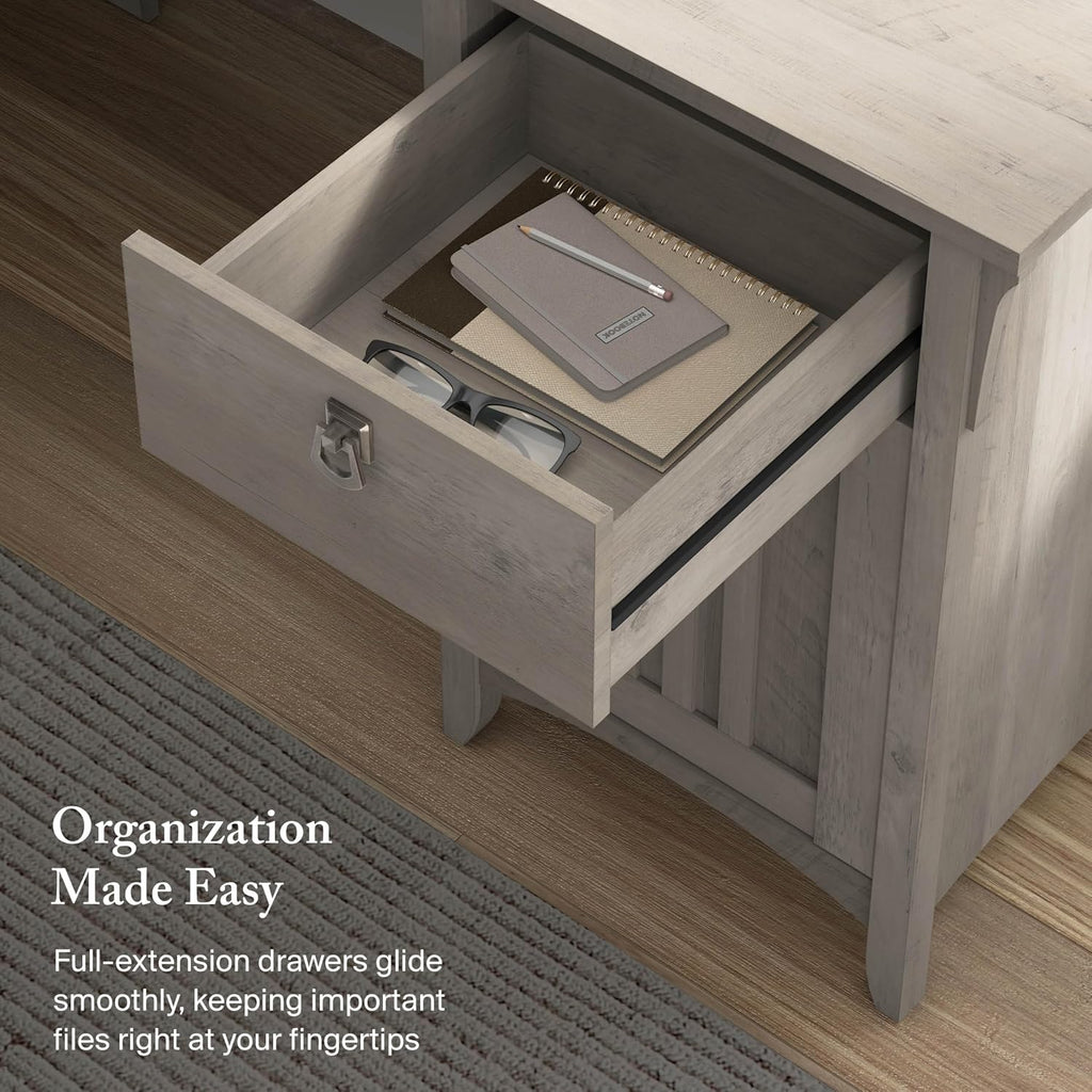 Bush Home L Shaped Desk with Storage for Home Office, Modern Farmhouse Corner Table with Drawers and Cabinets, Salinas Collection, Driftwood Gray