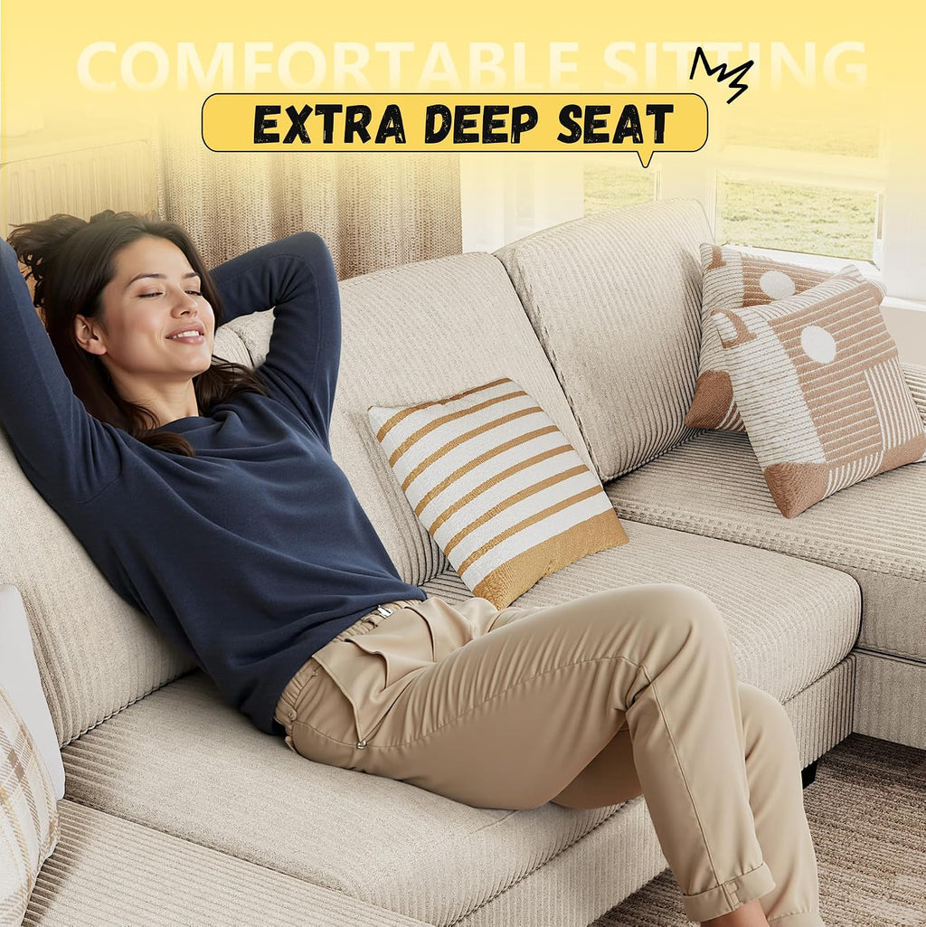 JUMMICO Sectional Couches for Living Room, U Shaped Couch with Chenille Fabric, 4 Seat Modern Sofa with Removable Pillows for Apartment and Small Space (Corduroy, Beige)