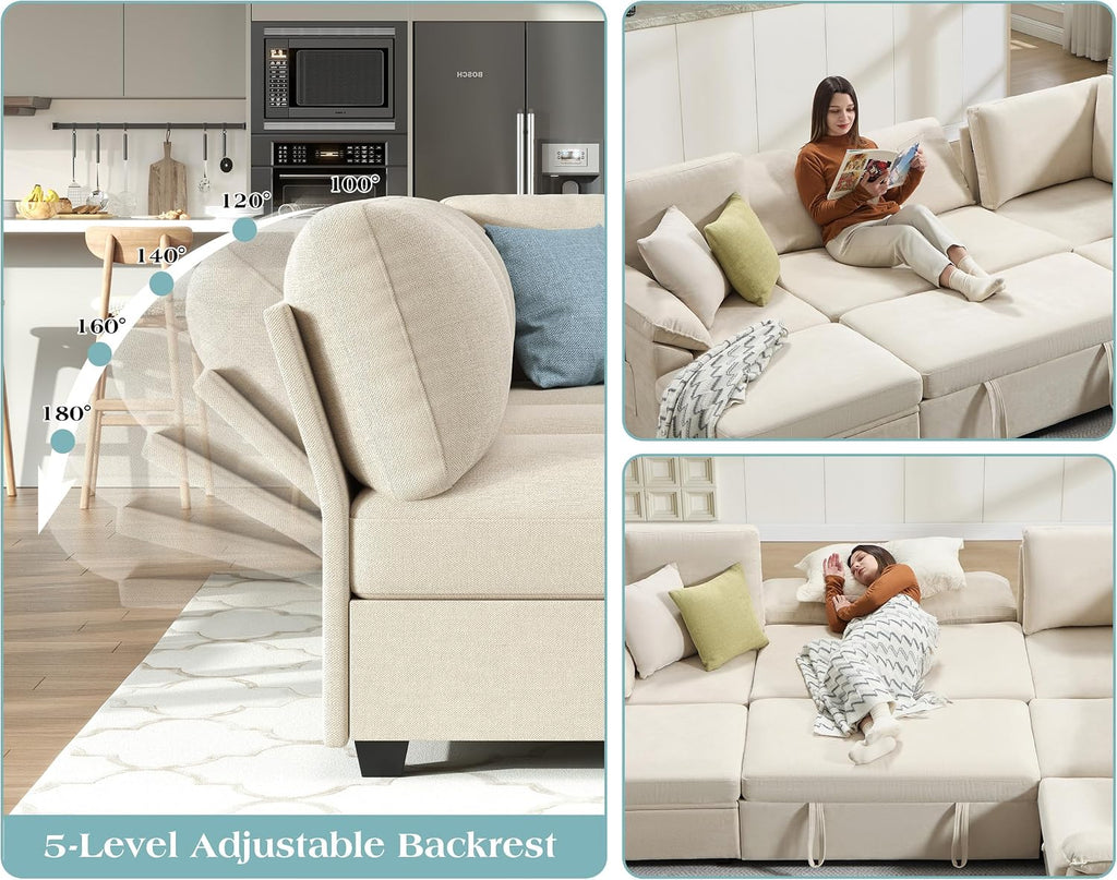 VanAcc 105' Sofa Bed, Sectional Sleeper Sofa with Pull Out Bed/Reclining Backrest, Sleeper Couch Bed with Storage, 6 Seater Couch Bed for Living Room, Chenille Beige