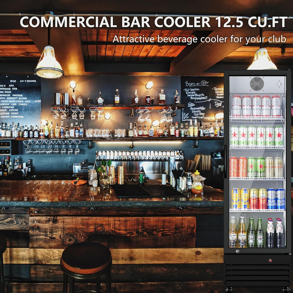 BODEGA BODEGACOOLER Glass Door Commercial Drink Refrigerator,12.5 Cu.Ft Display Merchandiser Refrigerator,Upright Commercial Beverage Display Drink Cooler with Soft LED Light,Adjustable Shelves,Black