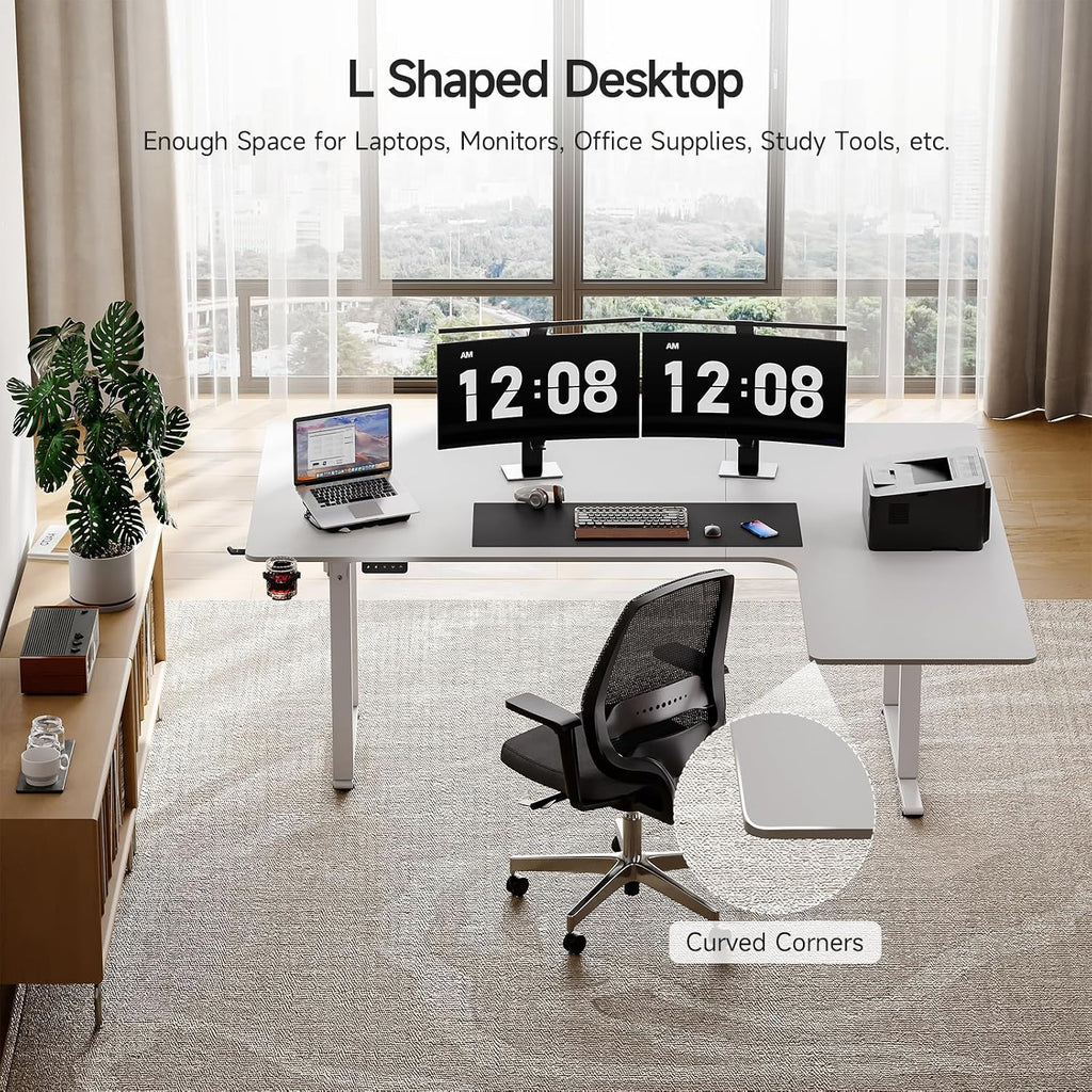 ONBRILL L Shaped Standing Desk, 71x43 Inches Electric L Stand Up Desk with 4 Legs, Dual Motor and Memory Controller, Adjustable Height from 28-46 Inches for Home and Computer Workstation, White