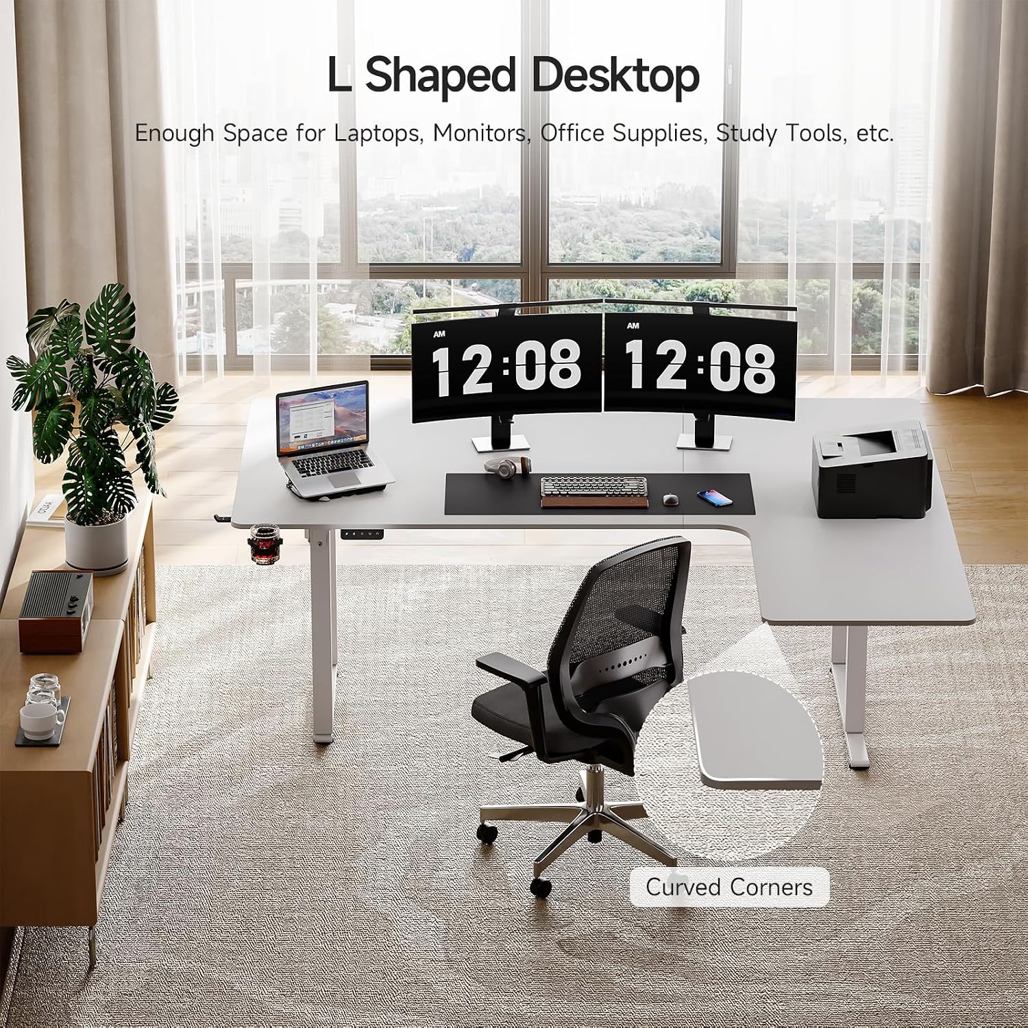 ONBRILL L Shaped Standing Desk, 71x43 Inches Electric L Stand Up Desk with 4 Legs, Dual Motor and Memory Controller, Adjustable Height from 28-46 Inches for Home and Computer Workstation, White
