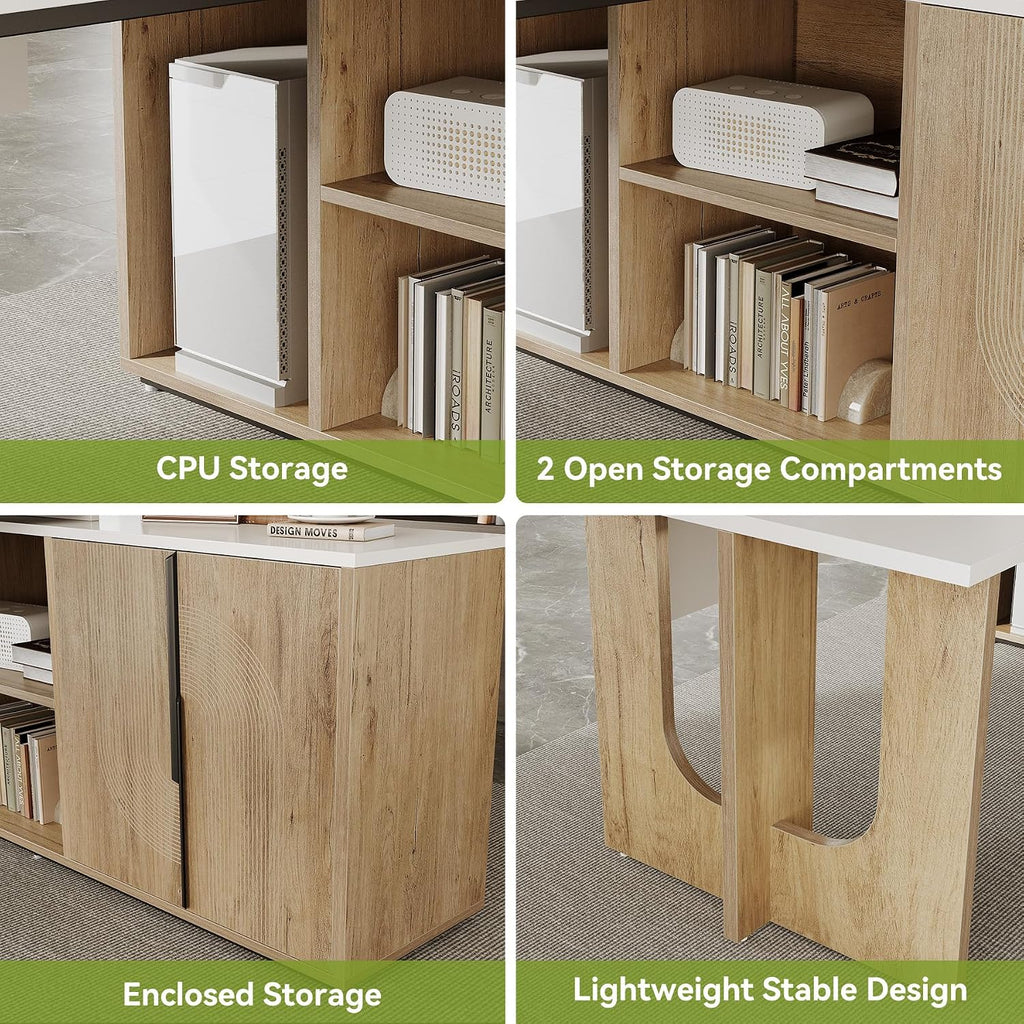 LITTLE TREE 74-Inch Executive L-Shaped Desk with Storage Cabinet & Shelves, Large Home Office Computer Desk, Modern Business Workstation for Professionals (Oak & White)