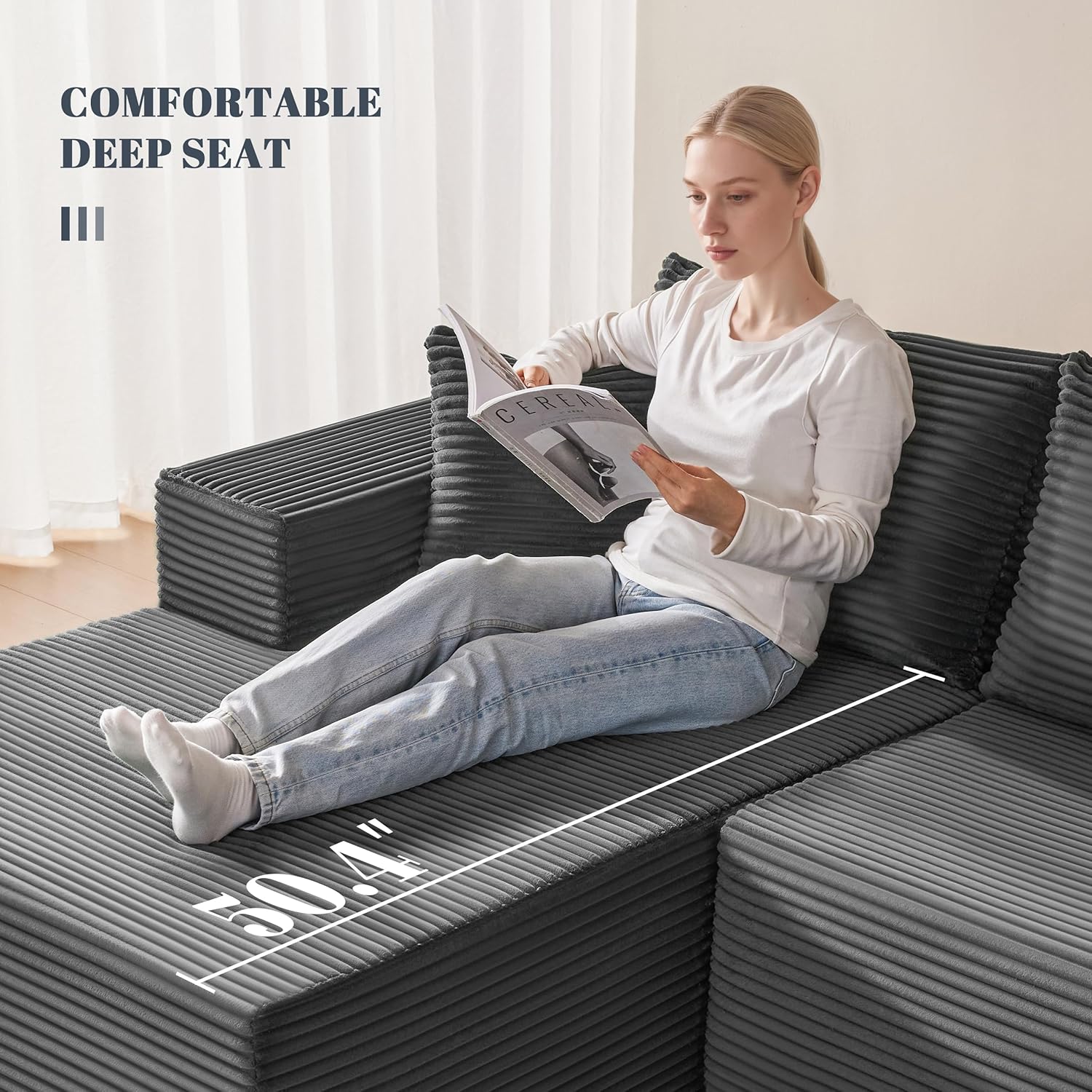 Mangodan 110' Cloud Sectional Couch, Modular Sectional Sofa with Deep Seat, Boneless Sofa for Living Room, Fluffy Comfy U-Shaped Couch with Left Facing Chaise, No Assembly Required, Grey