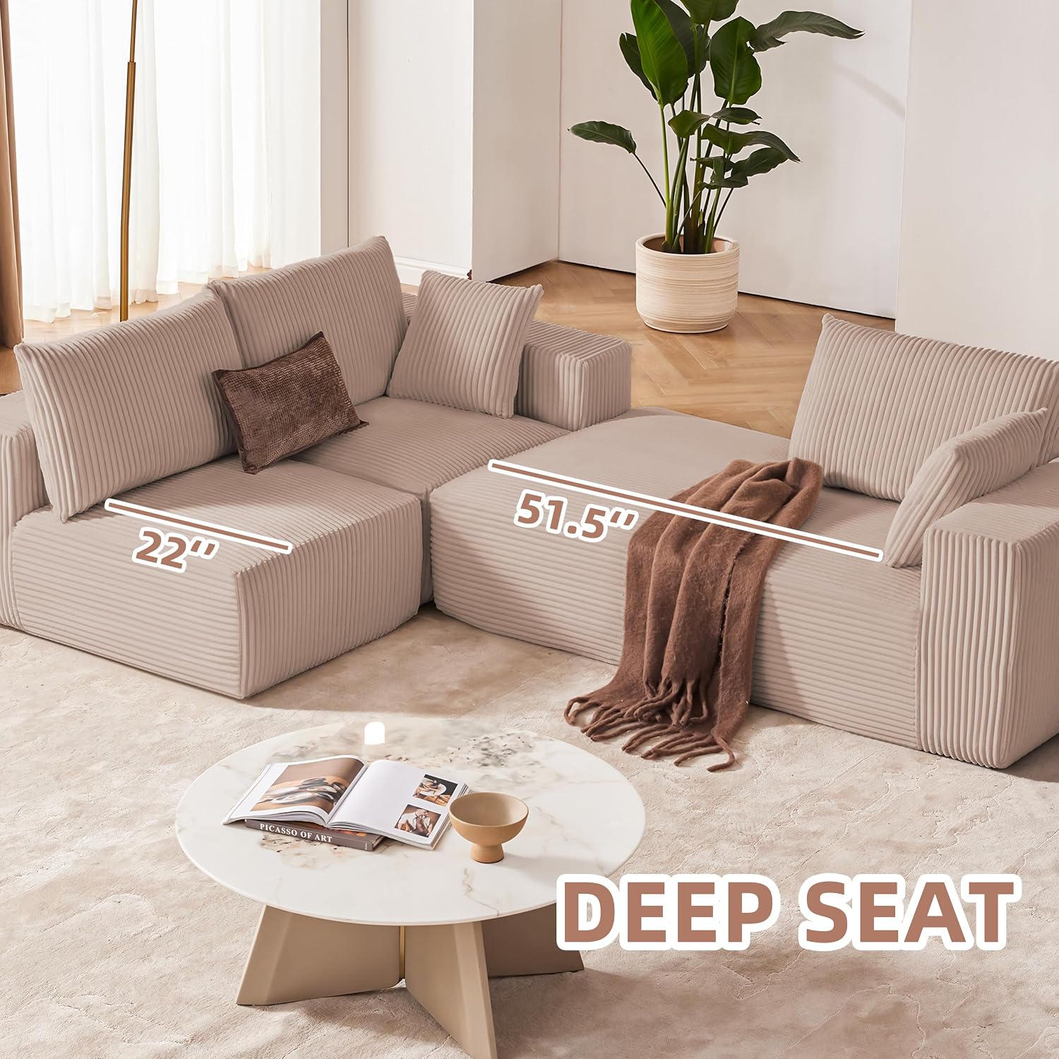 108' Modular Sectional Sofa, Cloud Sectional Couch with Deep Seat, Boneless Couches for Living Room Bedroom, Modern Modular L-Shape Sofa Couch with Chaise (Camel, Left Facing Chaise)