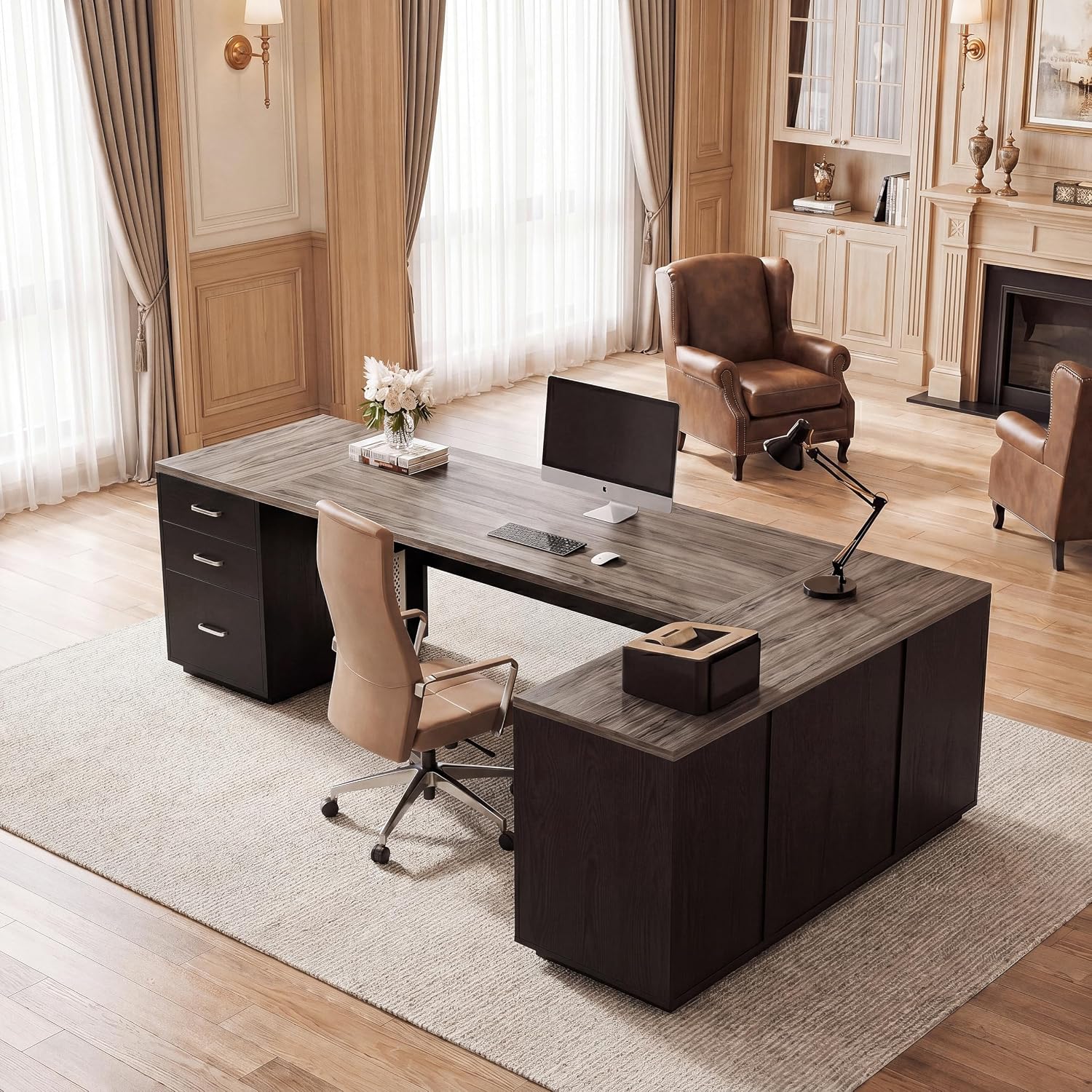 Tribesigns 85.8-Inch L-Shaped Executive Desk with File Drawers, Door Cabinet & Shelves, Extra Large Commercial Office Desk, Modern Professional Office Table Business Furniture, Grey & Black