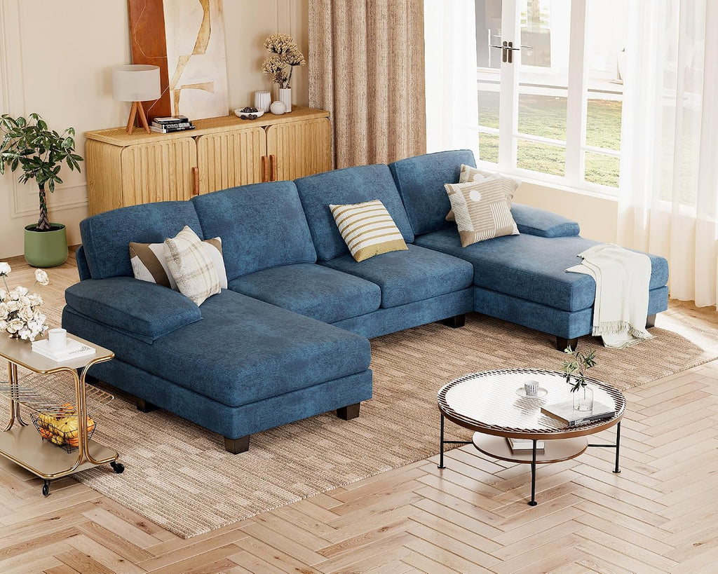 JUMMICO Sectional Couches for Living Room, U Shaped Couch with Chenille Fabric, 4 Seat Modern Sofa with Removable Pillows for Apartment and Small Space (Fabric, Blue)