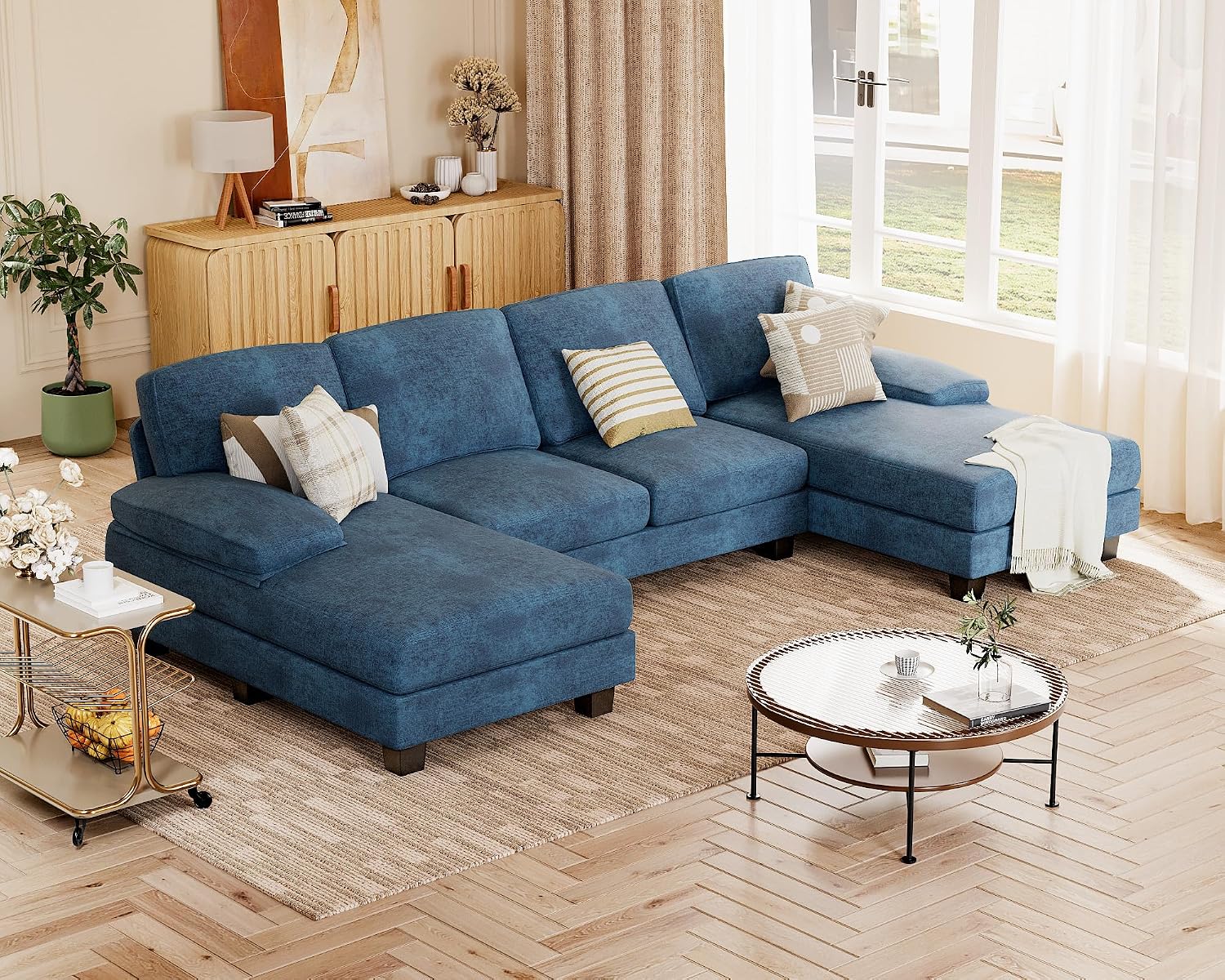 JUMMICO Sectional Couches for Living Room, U Shaped Couch with Chenille Fabric, 4 Seat Modern Sofa with Removable Pillows for Apartment and Small Space (Fabric, Blue)