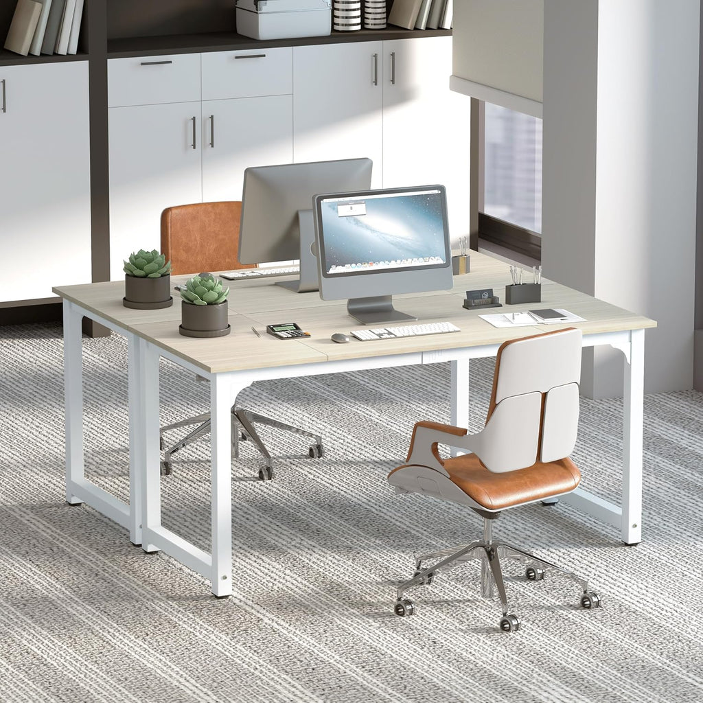 NSdirect Large Office Desk for Home Office, Large 63' Computer Desk Table, Wide Writing Study Desk for 2 Person, Metal Sturdy Frame Thicker Steel Legs, (White Oak, 63'L x 23.6'W x 29.5'H)