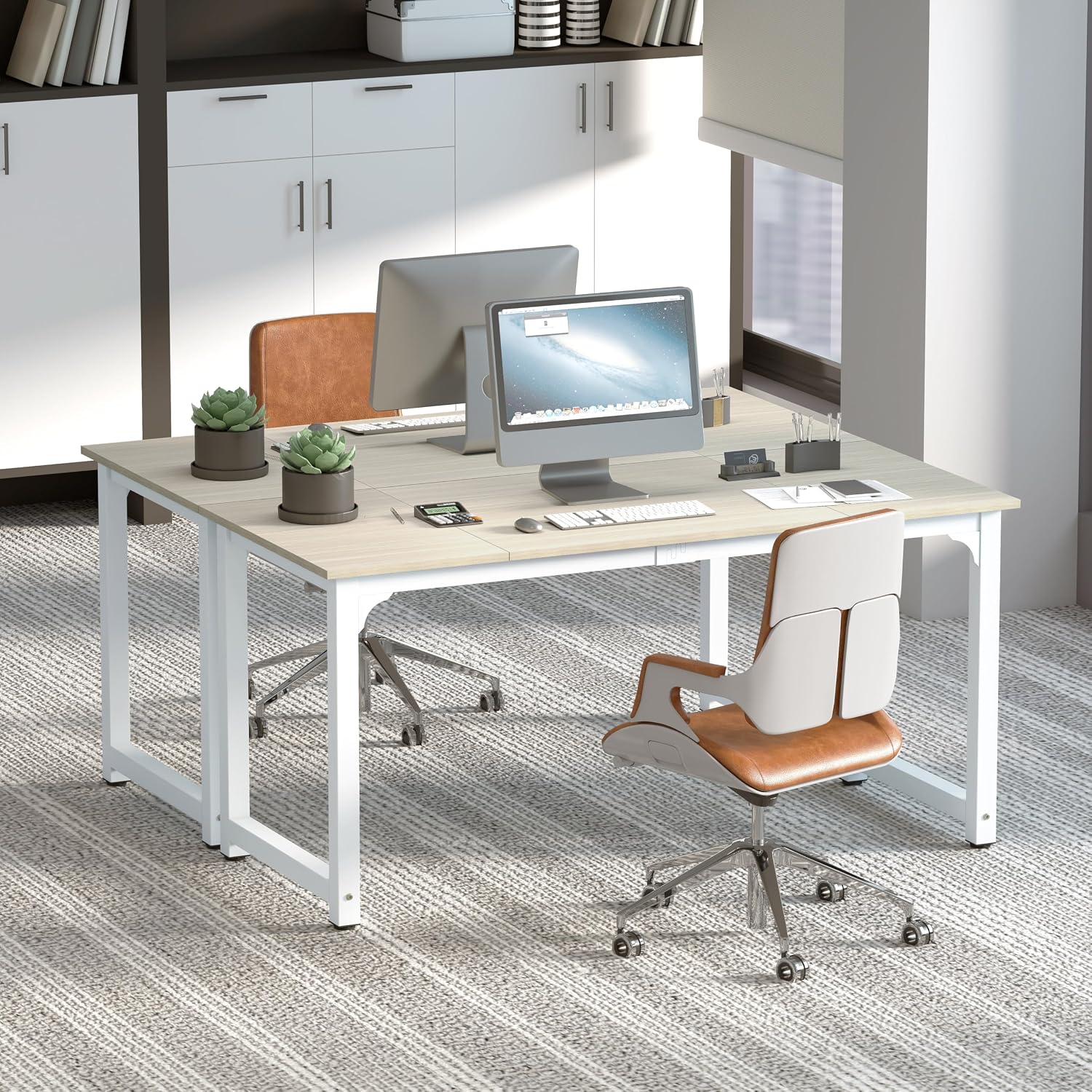 NSdirect Large Office Desk for Home Office, Large 63' Computer Desk Table, Wide Writing Study Desk for 2 Person, Metal Sturdy Frame Thicker Steel Legs, (White Oak, 63'L x 23.6'W x 29.5'H)