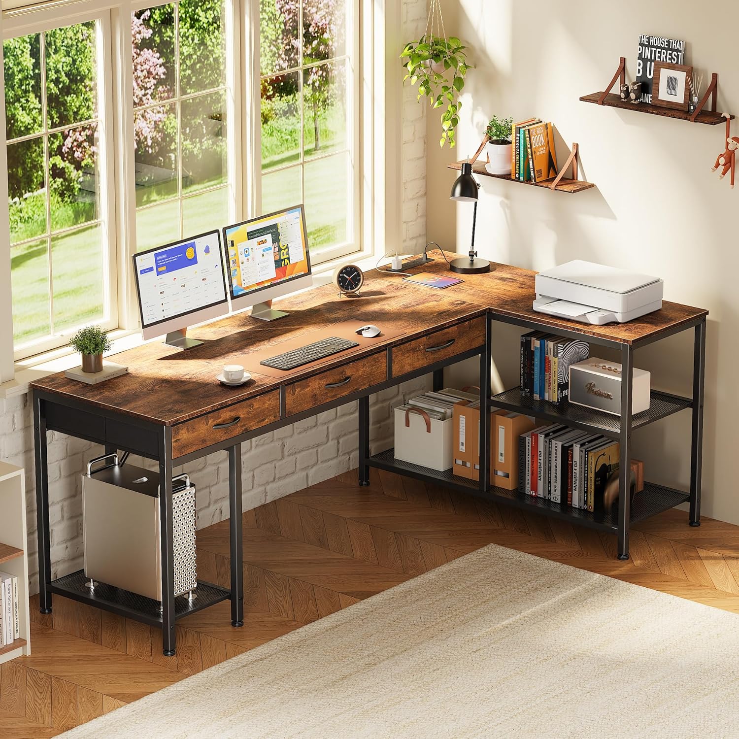 PRAISUN 63 Inch L Shaped Office Desk with Power Outlets and Type-C Port, Large Computer Gaming Desk with 3 Fabric Drawers, Mesh Shelves, Corner Study Work Writing Desk, Rustic Brown