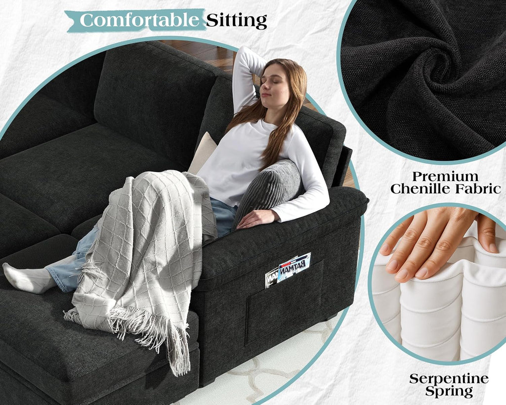 VanAcc 105' Sofa Bed, Sectional Sleeper Sofa with Pull Out Bed/Reclining Backrest, 6 Seater Couches for Living Room, Sleeper Couch Bed with Storage, Chenille Black