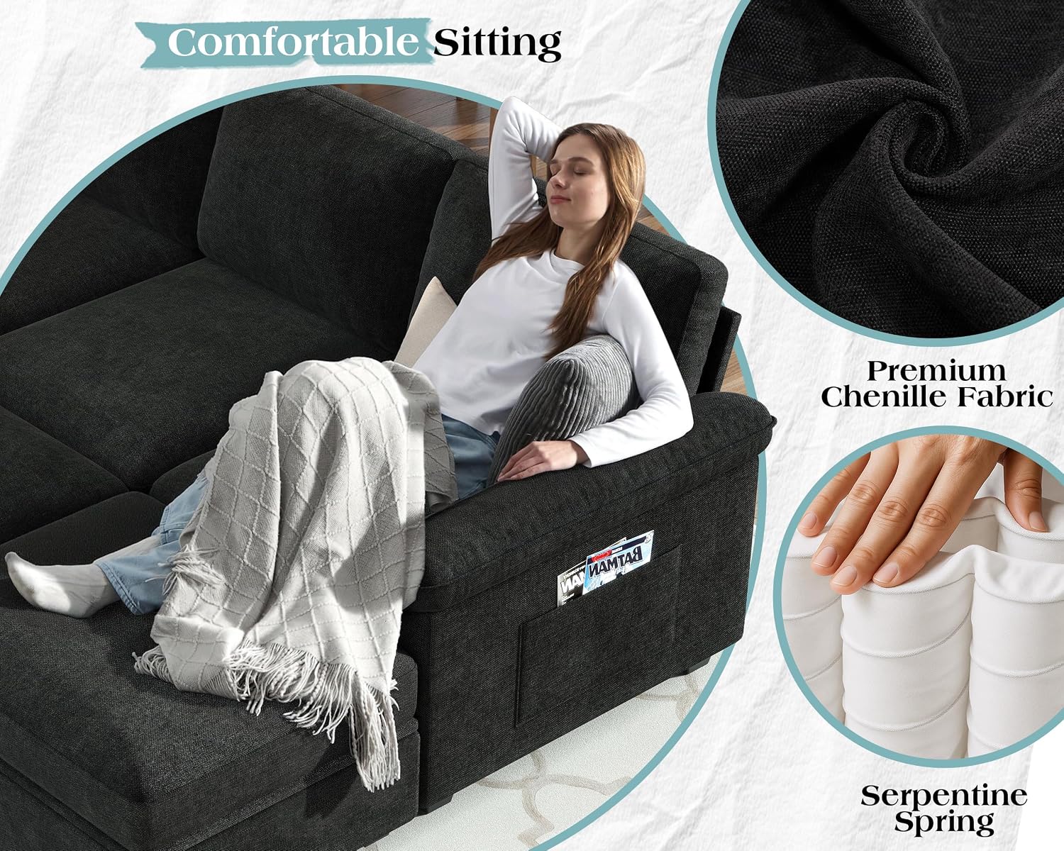 VanAcc 105' Sofa Bed, Sectional Sleeper Sofa with Pull Out Bed/Reclining Backrest, 6 Seater Couches for Living Room, Sleeper Couch Bed with Storage, Chenille Black