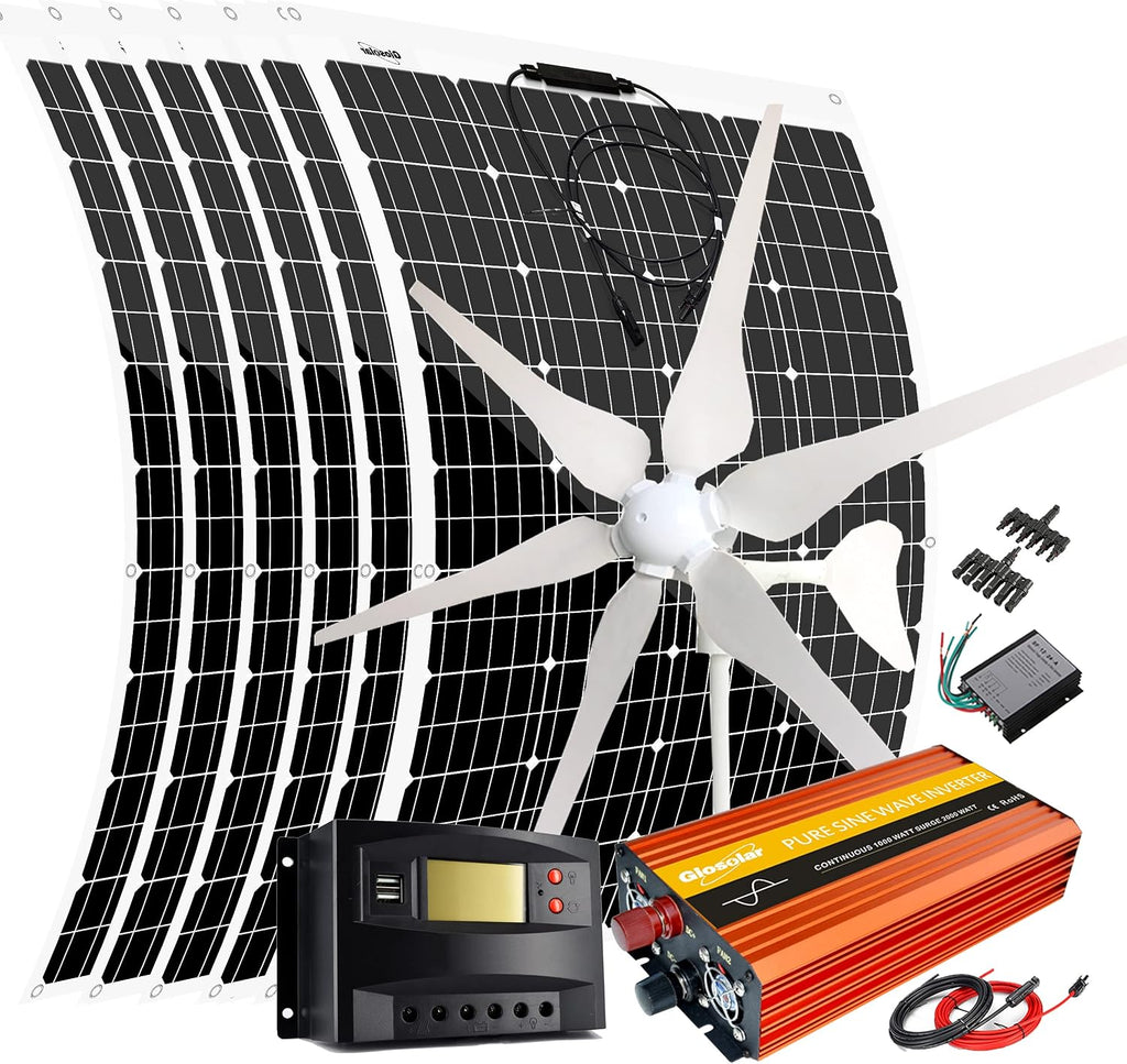 1120W Wind Solar Generator Kit with 1000W Inverter: 6pcs 120W Solar Panels &400W Wind Turbine &Charge Controllers &Accessory 12V 24V Battery Charger for Boat Cabin