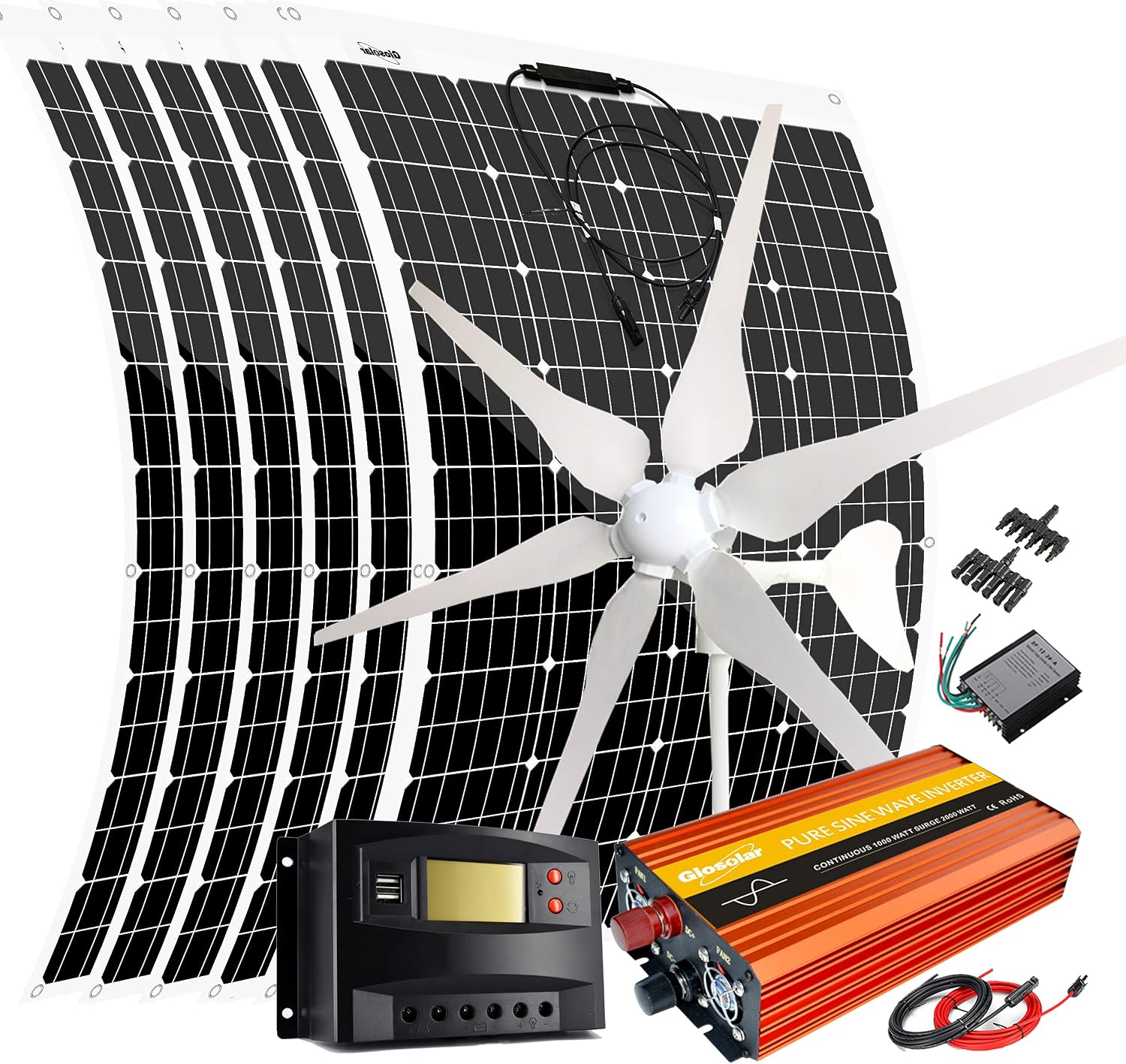 1120W Wind Solar Generator Kit with 1000W Inverter: 6pcs 120W Solar Panels &400W Wind Turbine &Charge Controllers &Accessory 12V 24V Battery Charger for Boat Cabin