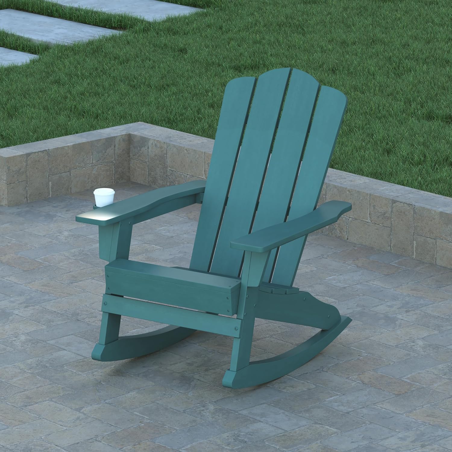 EMMA + OLIVER Tiverton Adirondack Rocking Chair with Cup Holder, Weather Resistant Poly Resin Adirondack Rocking Chair, Blue