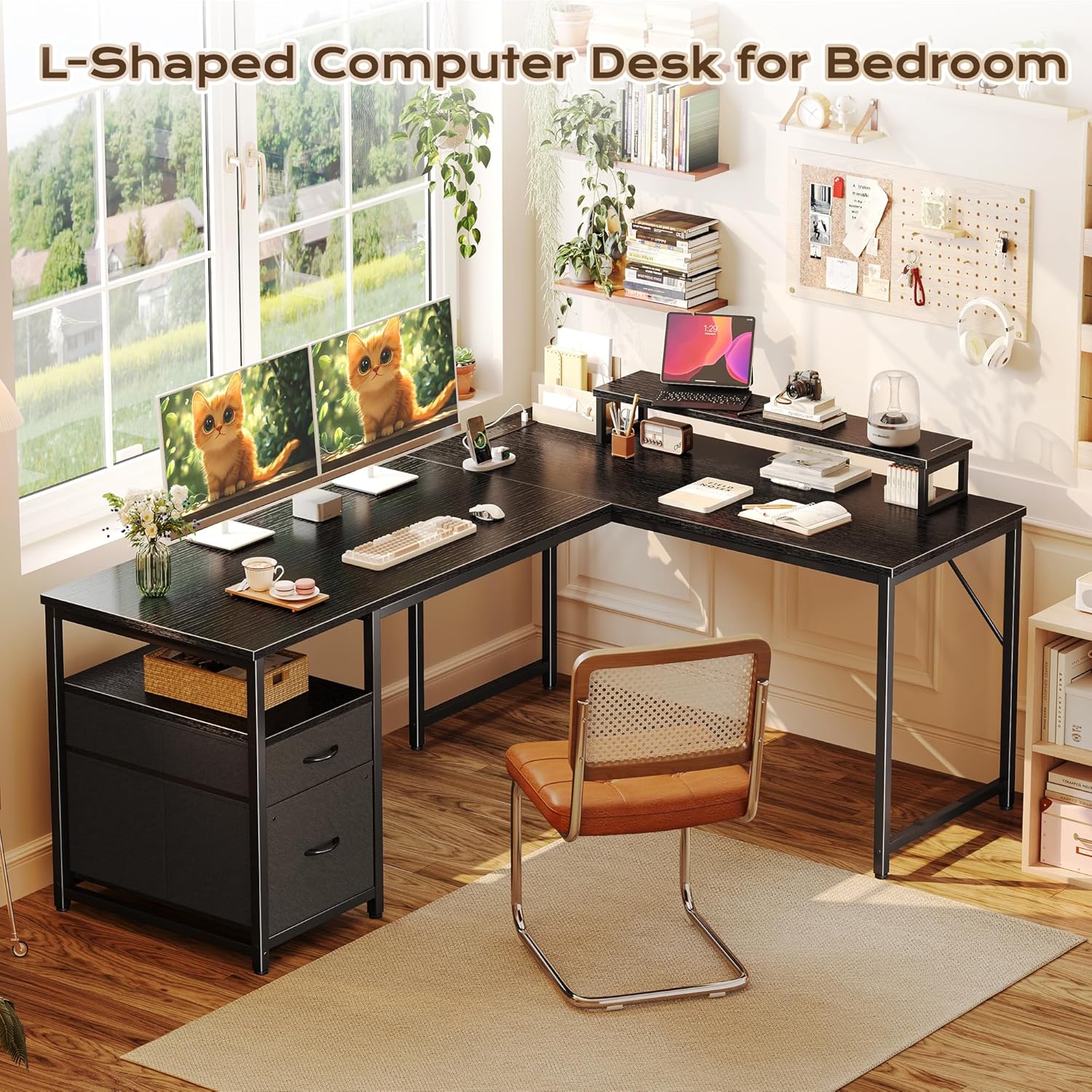 PRAISUN 55 Inch L Shaped Desk with Power Outlets and USB-C Port, Computer Corner Home Office Desk with File Fabric Drawers and Movable Monitor Stand, Larger Storage for Gaming, Work, Black