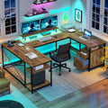 YITAHOME U Shaped Desk with Power Outlets & LED Lights, 79' Reversible L Shaped Desk with Drawers, Corner Computer Desk Office Desk with Monitor Stand & Storage Shelves, Rustic Brown
