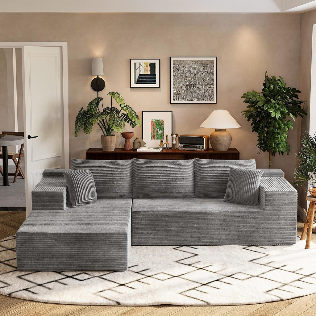 Homall 108' Modular Sectional Sofa, Boneless Couch with L-Shape Chaise, Cloud Couch with Deep Seat Upholstered, No Assembly Required for Living Room, Bedroom (Corduroy, Grey)