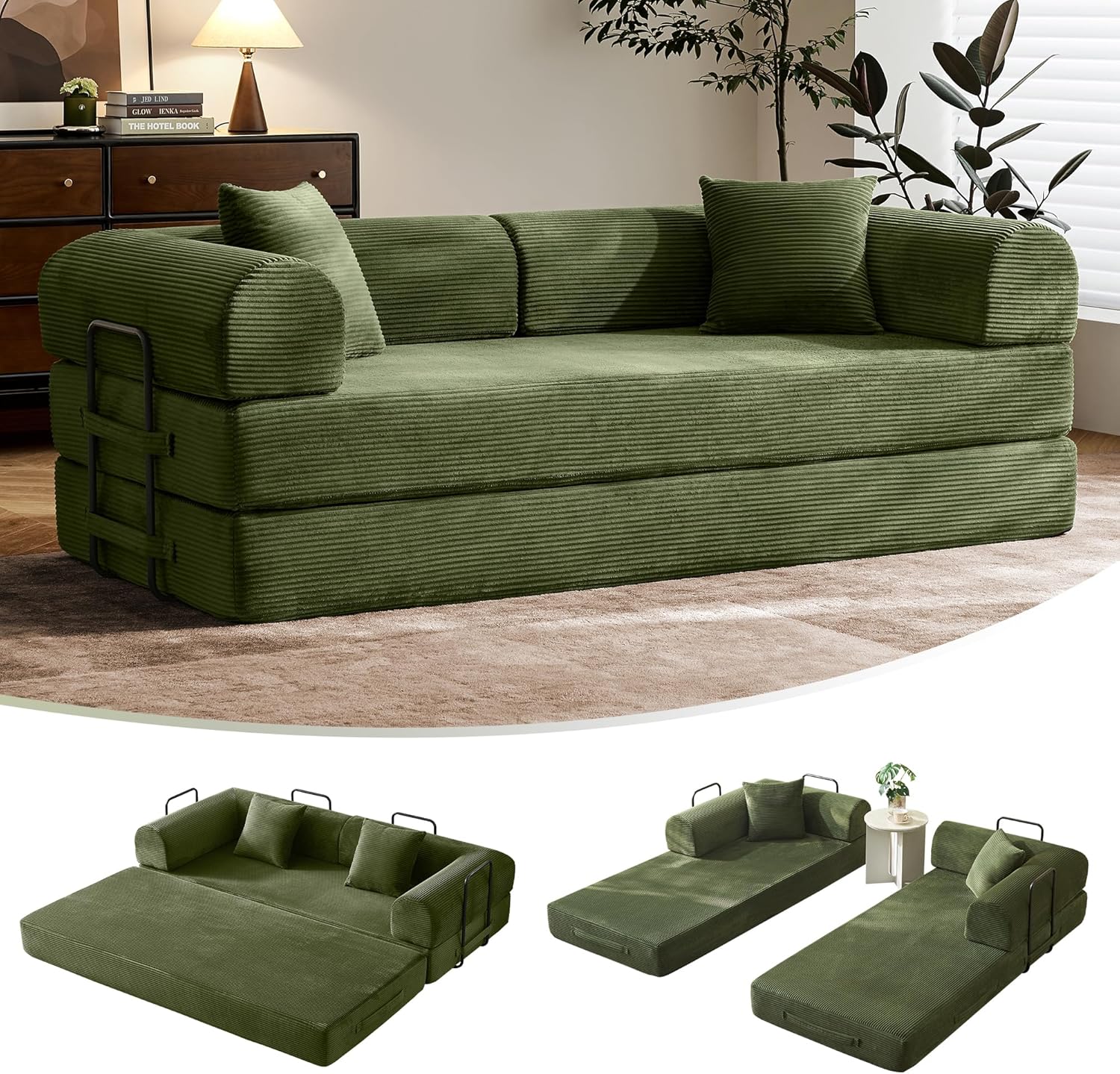 79' Convertible Sofa Bed with Fixed-Shape Frame & Removable Armrests, Modular Corduroy Sleeper Sofa, Folding Mattress Couch for Small Spaces - No Assembly Needed in Green (Includes 2 Pillows)