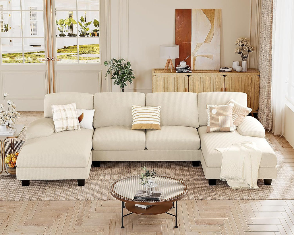 JUMMICO Sectional Couches for Living Room, U Shaped Couch with Chenille Fabric, 4 Seat Modern Sofa with Removable Pillows for Apartment and Small Space (Corduroy, Beige)