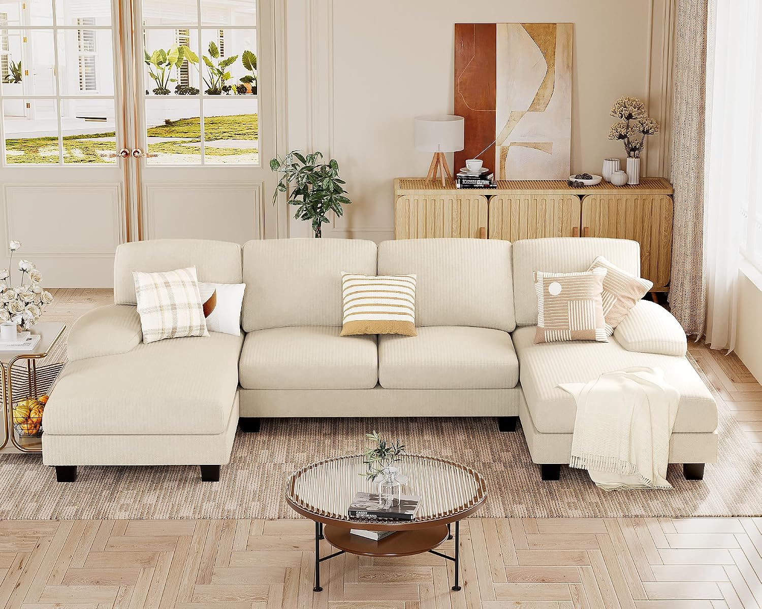 JUMMICO Sectional Couches for Living Room, U Shaped Couch with Chenille Fabric, 4 Seat Modern Sofa with Removable Pillows for Apartment and Small Space (Corduroy, Beige)