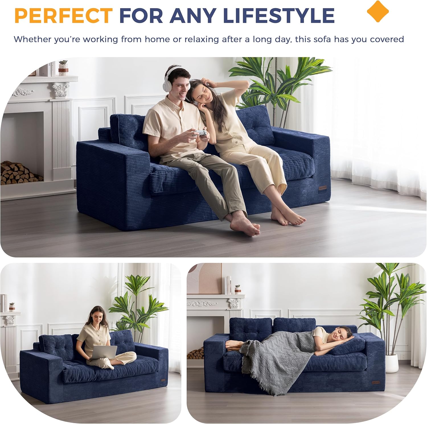 MAXYOYO 3 Seater Couch for Living Room, Boneless Couch with Tufted Cushion & Backrest, Upholstered Floor Sofa, Sofa in A Box, Navy
