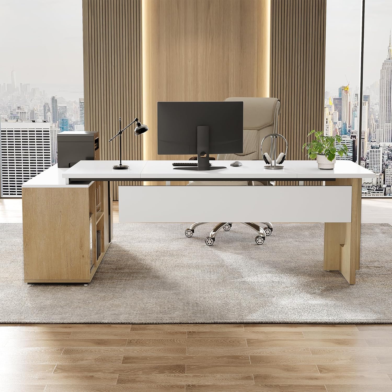 LITTLE TREE 74-Inch Executive L-Shaped Desk with Storage Cabinet & Shelves, Large Home Office Computer Desk, Modern Business Workstation for Professionals (Oak & White)